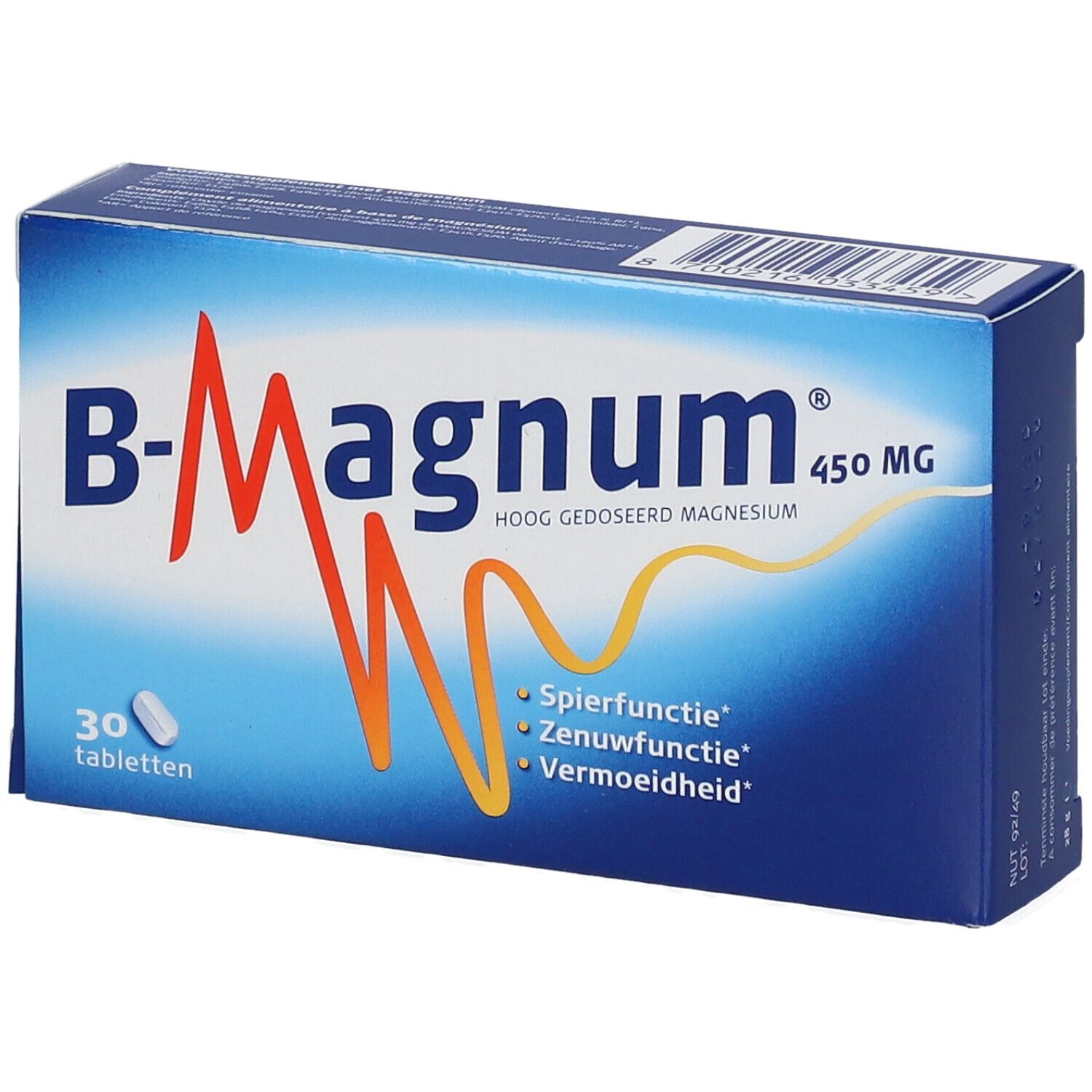 Blauw-witte doos B-Magnum 450 mg. Bevat 30 tabletten. Opschrift: Spierfunctie, Zenuwfunctie, Vermoeidheid.