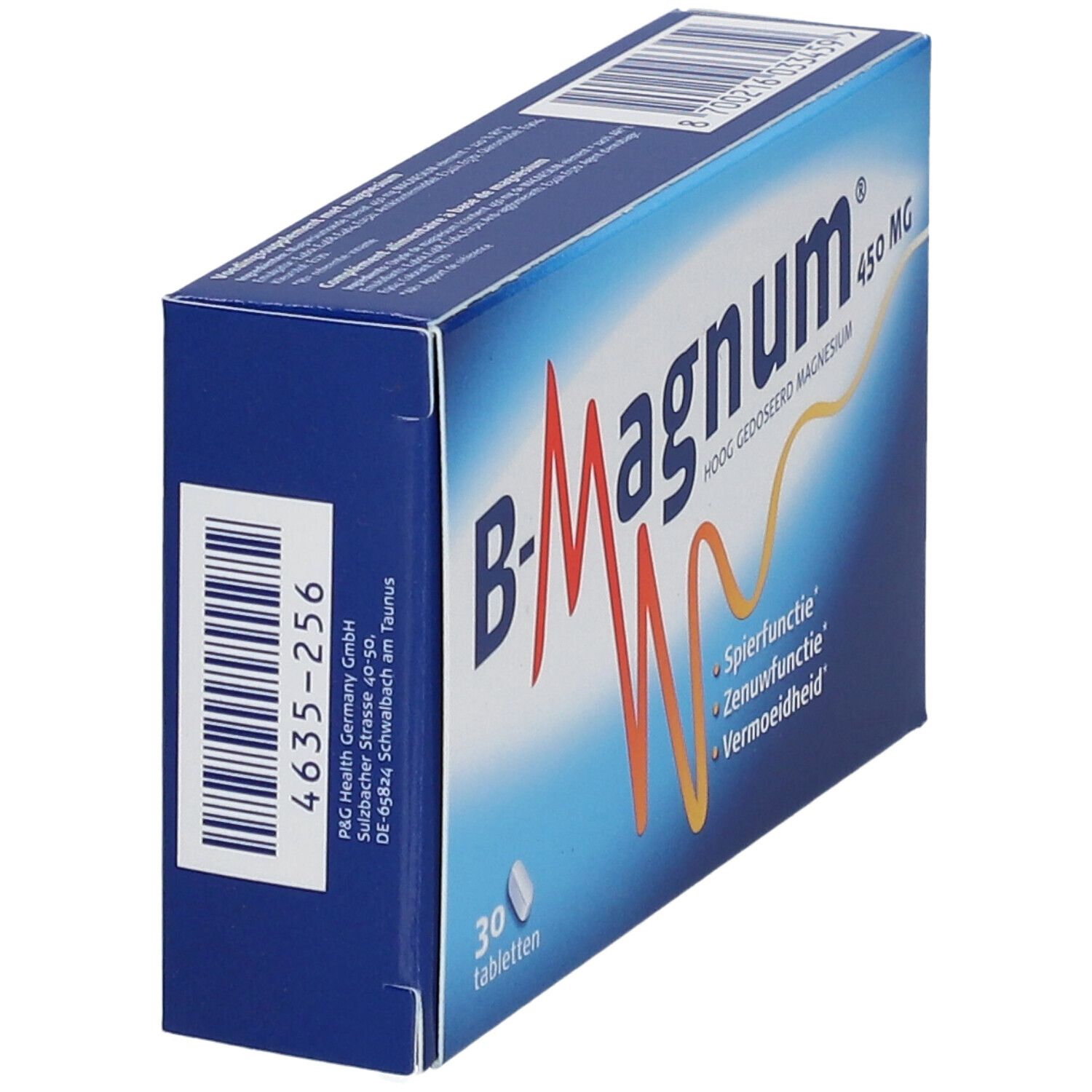 Blauwe doos B-Magnum 450 mg. Bevat 30 tabletten. Opschrift: Spierfunctie, Zenuwfunctie, Vermoeidheid. Fabrikantenadres.