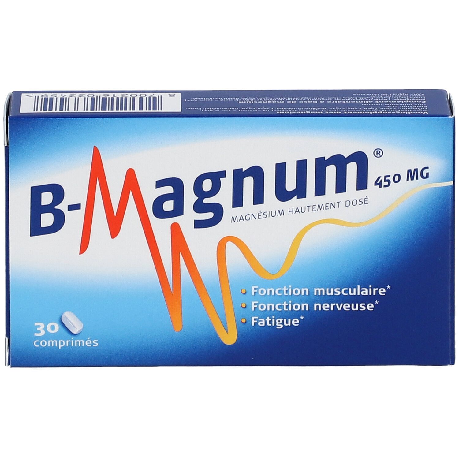 Blauw-witte doos B-Magnum 450 mg. Bevat 30 tabletten. Opschrift: Fonction musculaire, Fonction nerveuse, Fatigue.