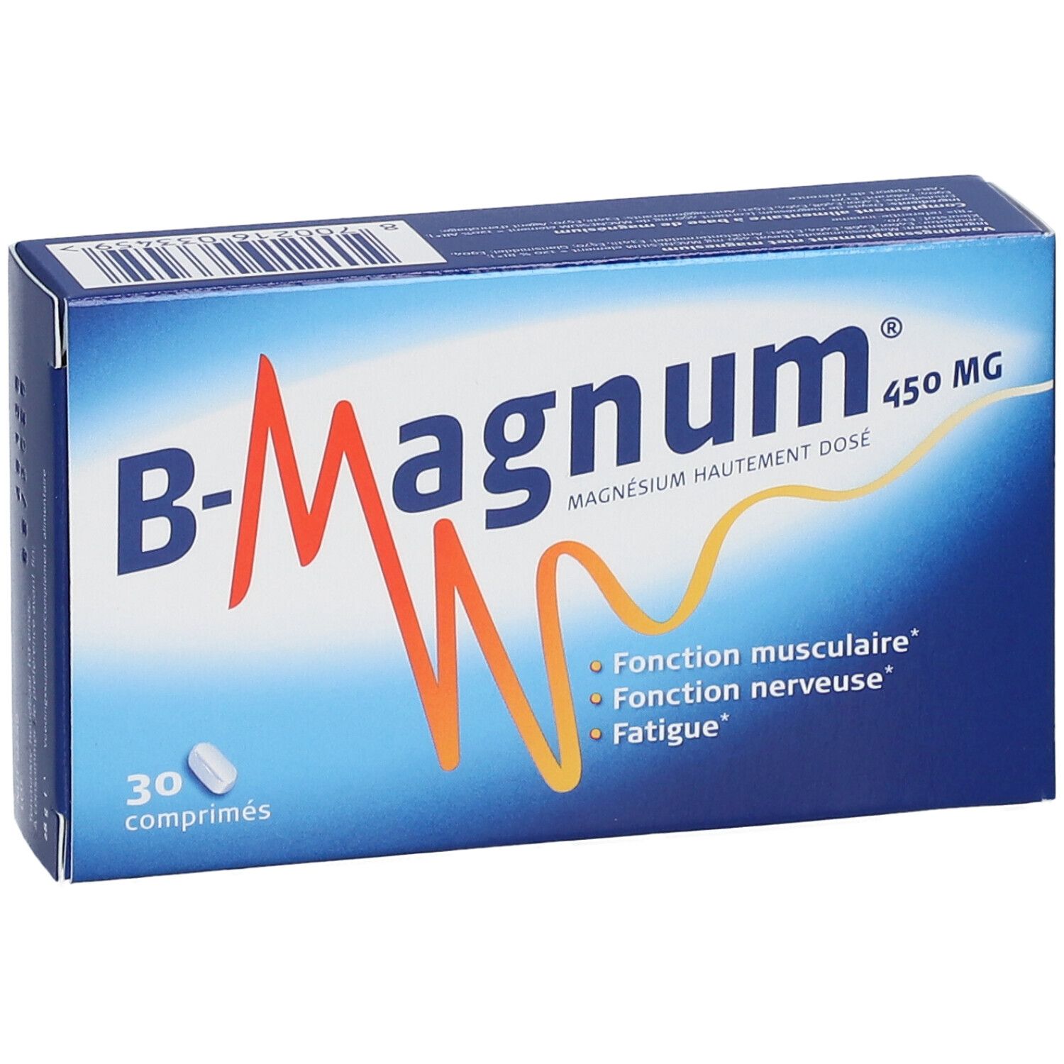 Blauw-witte doos B-Magnum 450 mg. Bevat 30 tabletten. Opschrift: Fonction musculaire, Fonction nerveuse, Fatigue.
