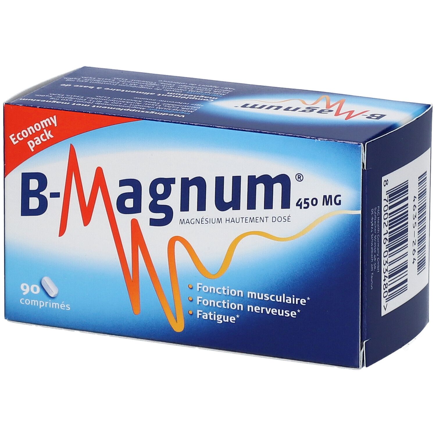 Blauw-witte doos B-Magnum 450 MG. Bevat 90 tabletten. Opschrift: Economy Pack.