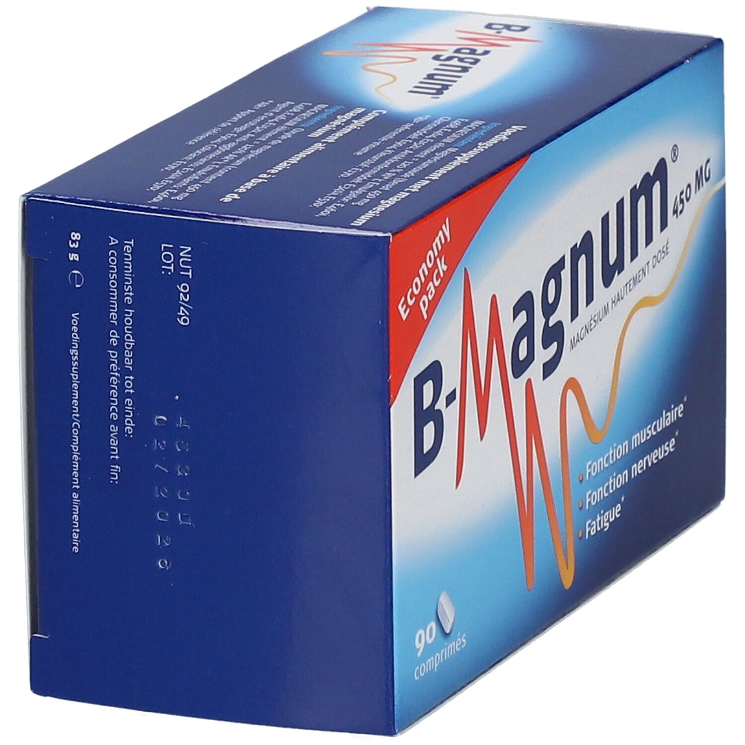 Blauwe doos B-Magnum 450 MG. Bevat 90 tabletten. Opschrift: Economy Pack. Achterkant met informatie.