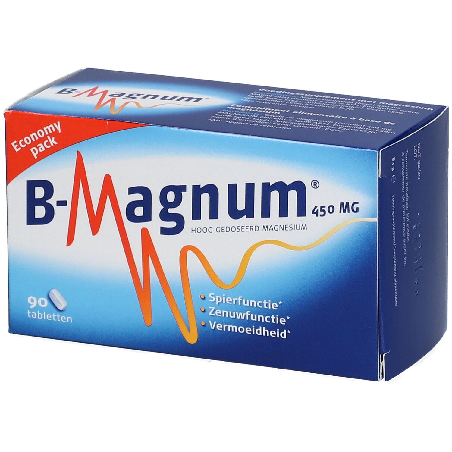 Blauw-witte doos B-Magnum 450 MG. Bevat 90 tabletten. Opschrift: Economy Pack.