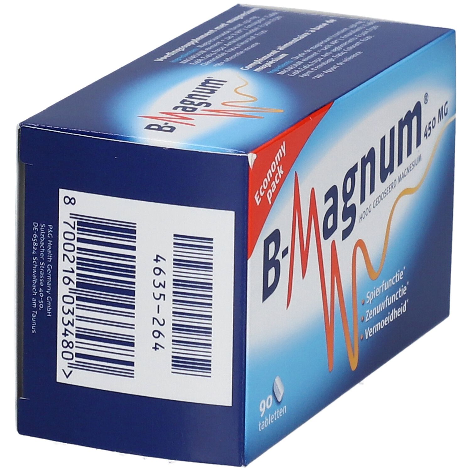 Blauwe doos B-Magnum 450 MG. Bevat 90 tabletten. Opschrift: Economy Pack. Achterkant met informatie.