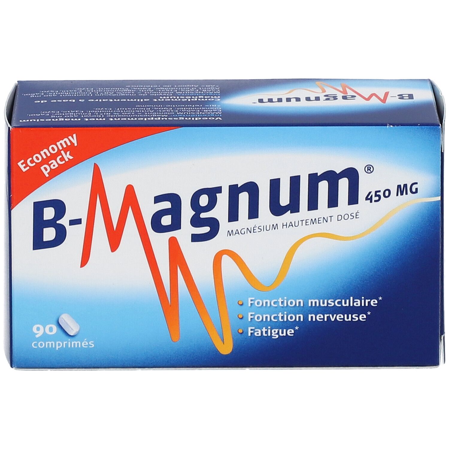 Blauw-witte doos B-Magnum 450 MG. Bevat 90 tabletten. Opschrift: Economy Pack.