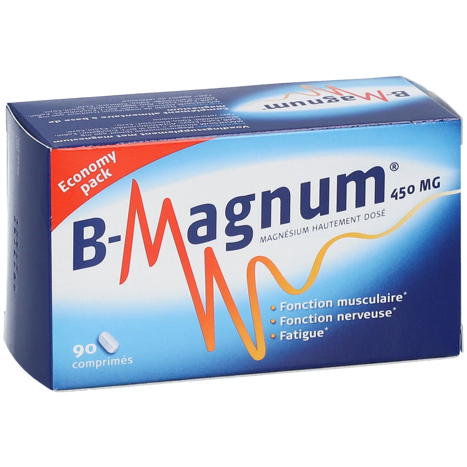 Blauw-witte doos B-Magnum 450 MG. Bevat 90 tabletten. Opschrift: Economy Pack.