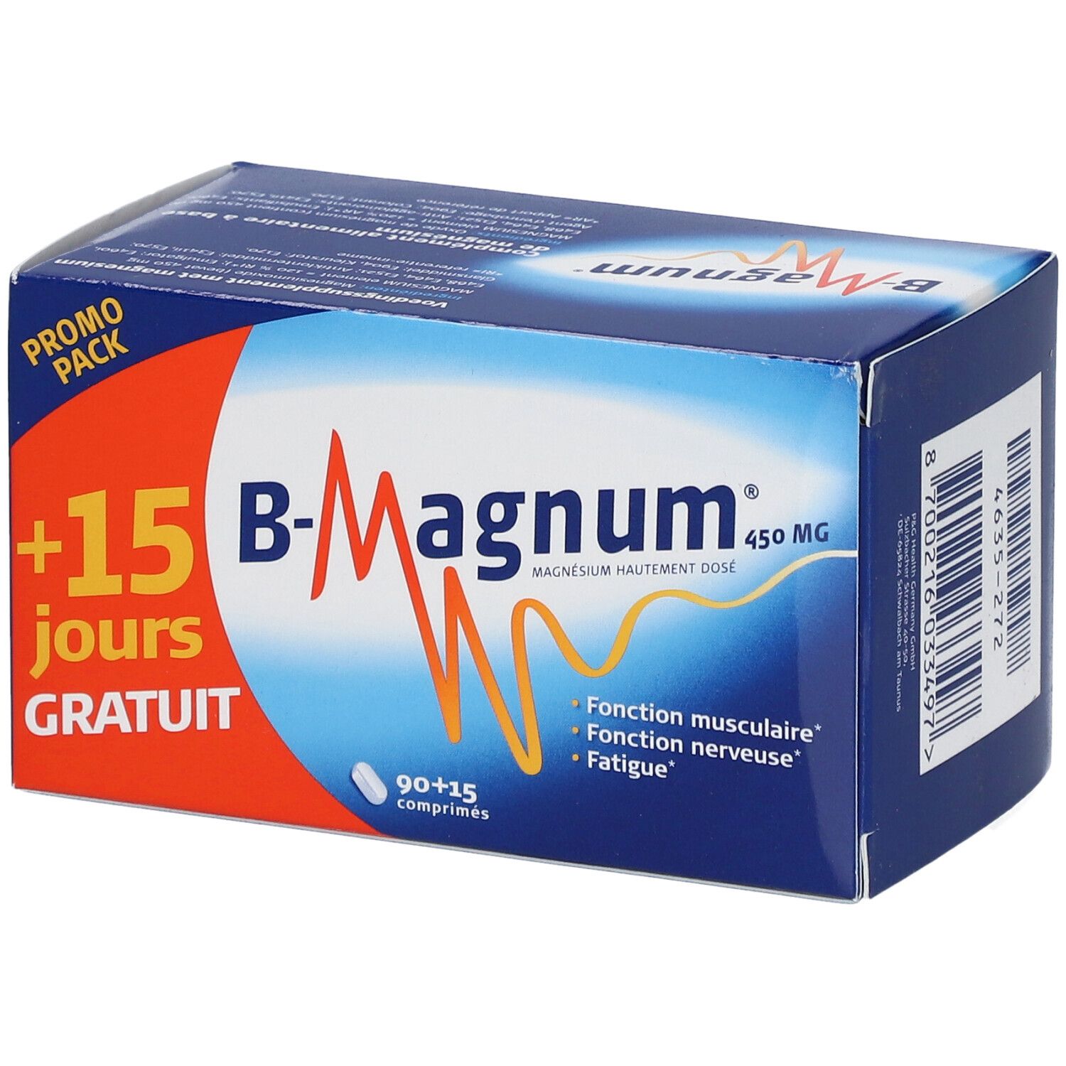 Boîte bleue et blanche "B-Magnum 450 MG". Inscription : "+15 jours GRATUIT". Contient 90+15 comprimés.
