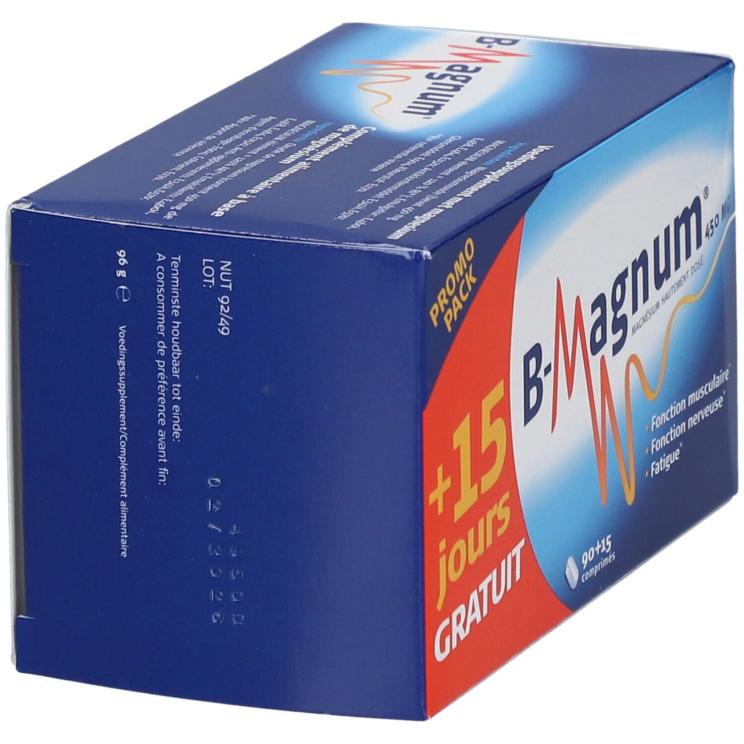 Boîte bleue "B-Magnum 450 MG". Inscription : "+15 jours GRATUIT". Contient 90+15 comprimés. Vue latérale.