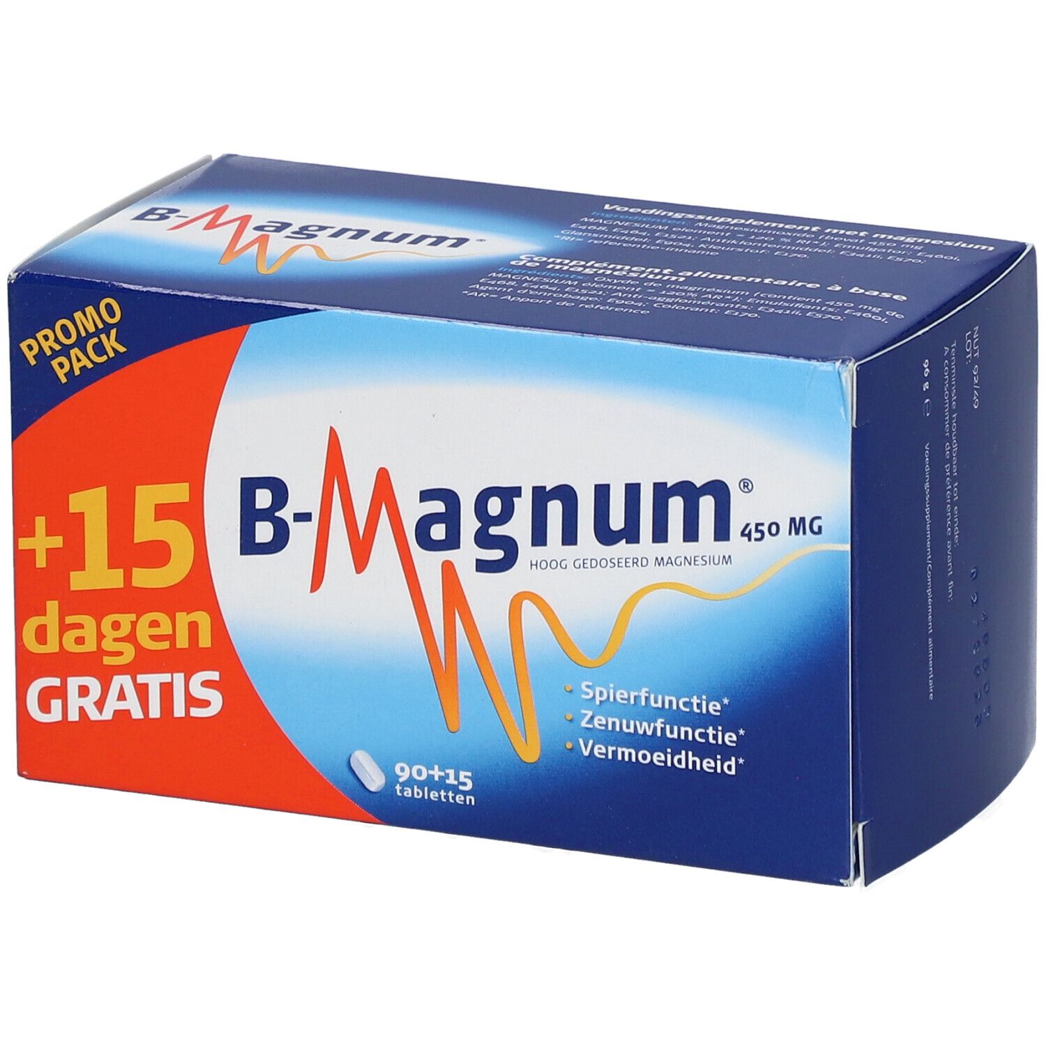 Boîte bleue et blanche "B-Magnum 450 MG". Inscription : "+15 dagen GRATIS". Contient 90+15 comprimés.