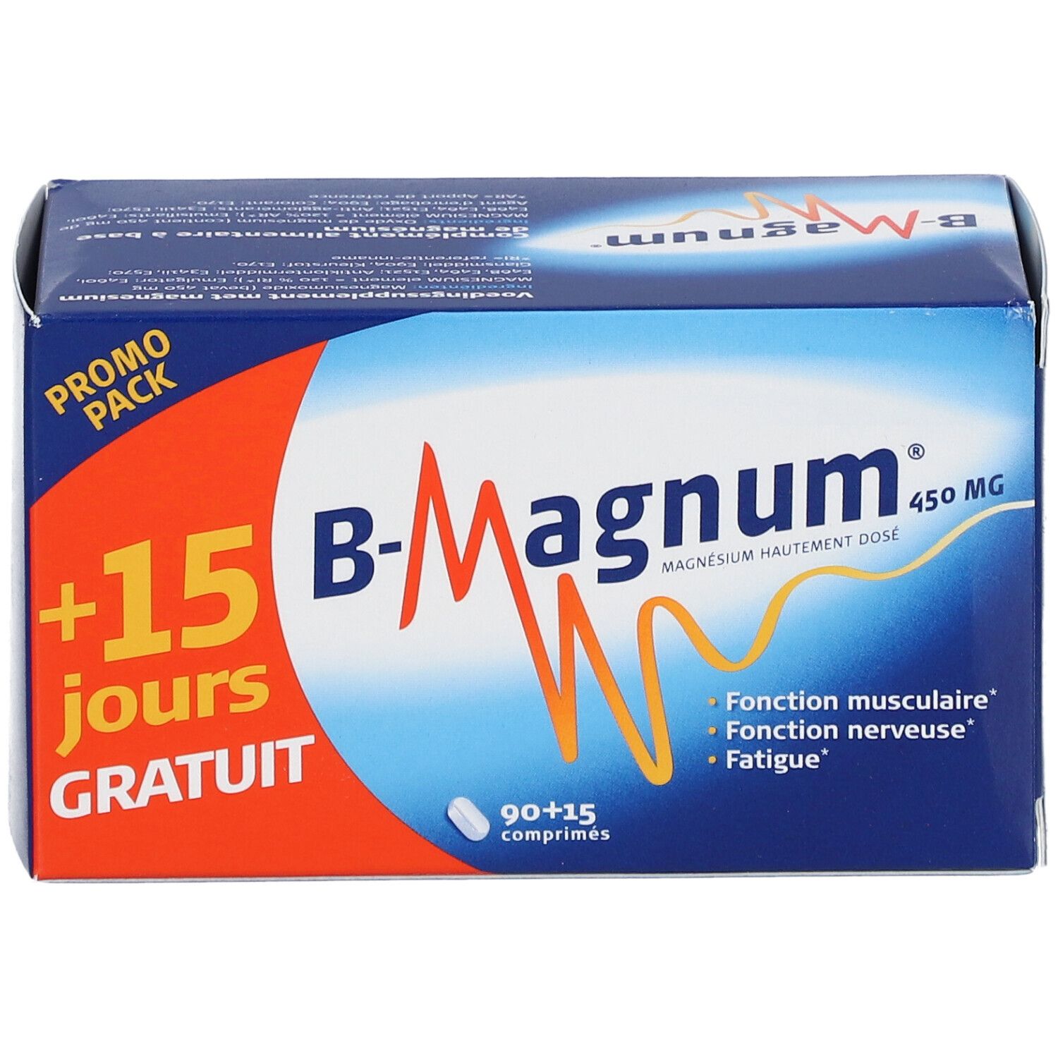 Boîte bleue et blanche "B-Magnum 450 MG". Inscription : "+15 jours GRATUIT". Contient 90+15 comprimés.