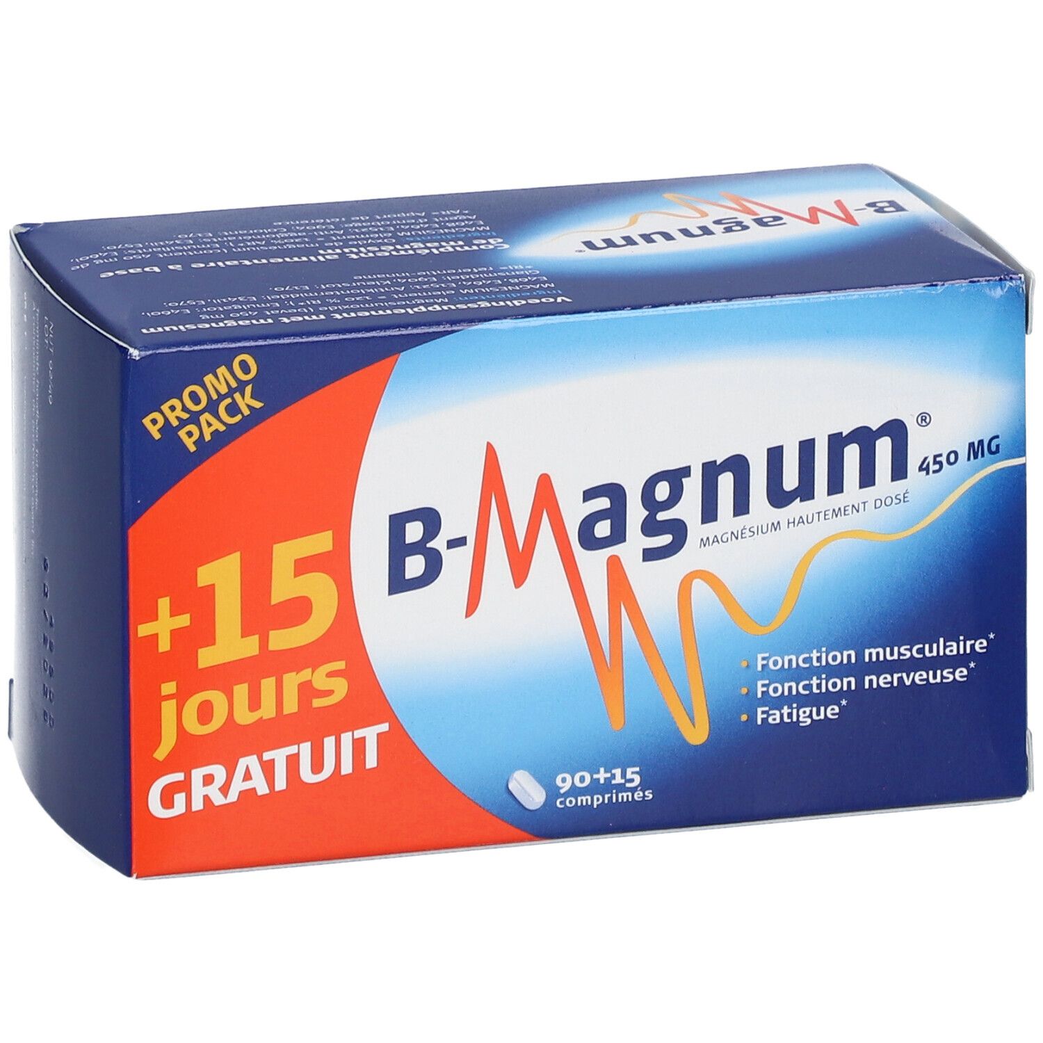 Boîte bleue et blanche "B-Magnum 450 MG". Inscription : "+15 jours GRATUIT". Contient 90+15 comprimés.