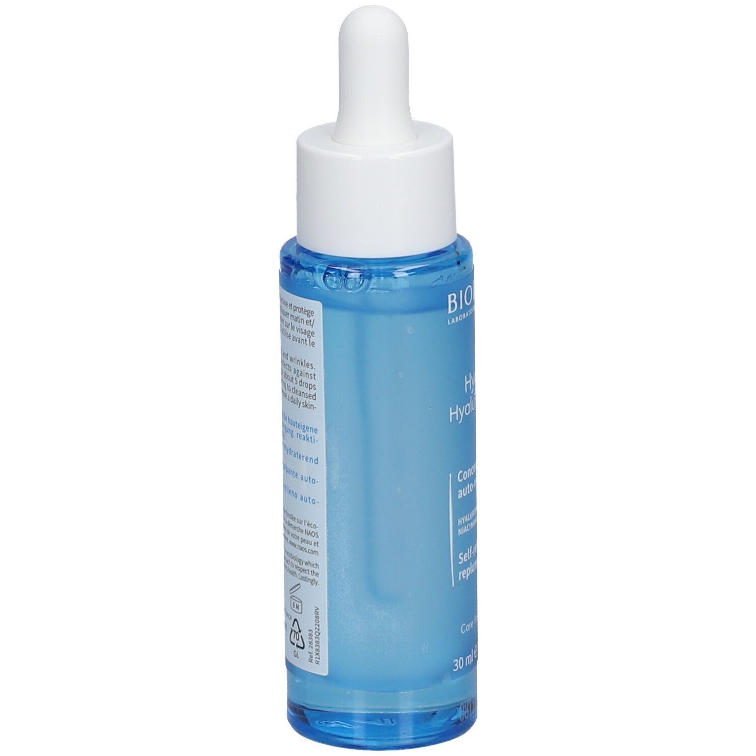 Flacon de sérum bleu, vue latérale. Inscription : BIODERMA, Hydrabio Hyalu+ serum. Texte en français.