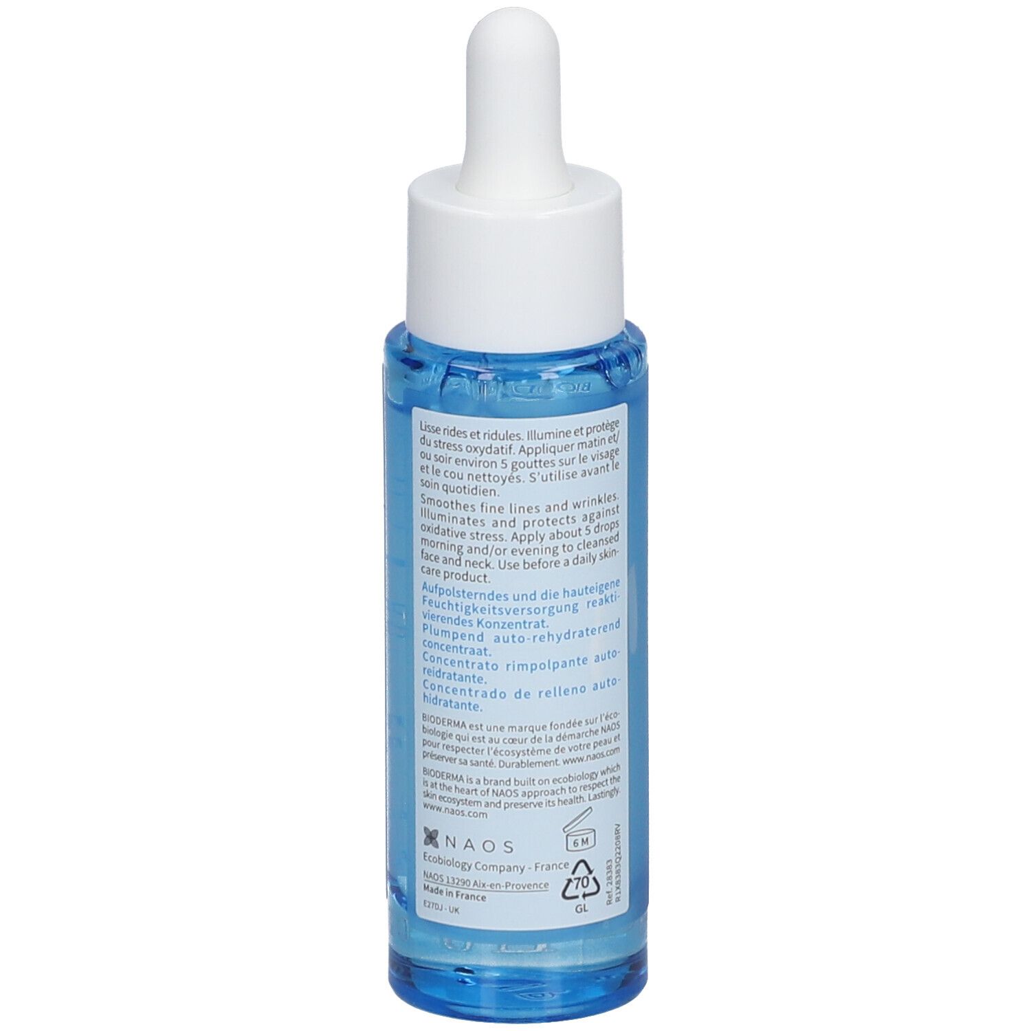 Flacon de sérum bleu, vue arrière. Texte en français et allemand. Inscription : BIODERMA, NAOS.