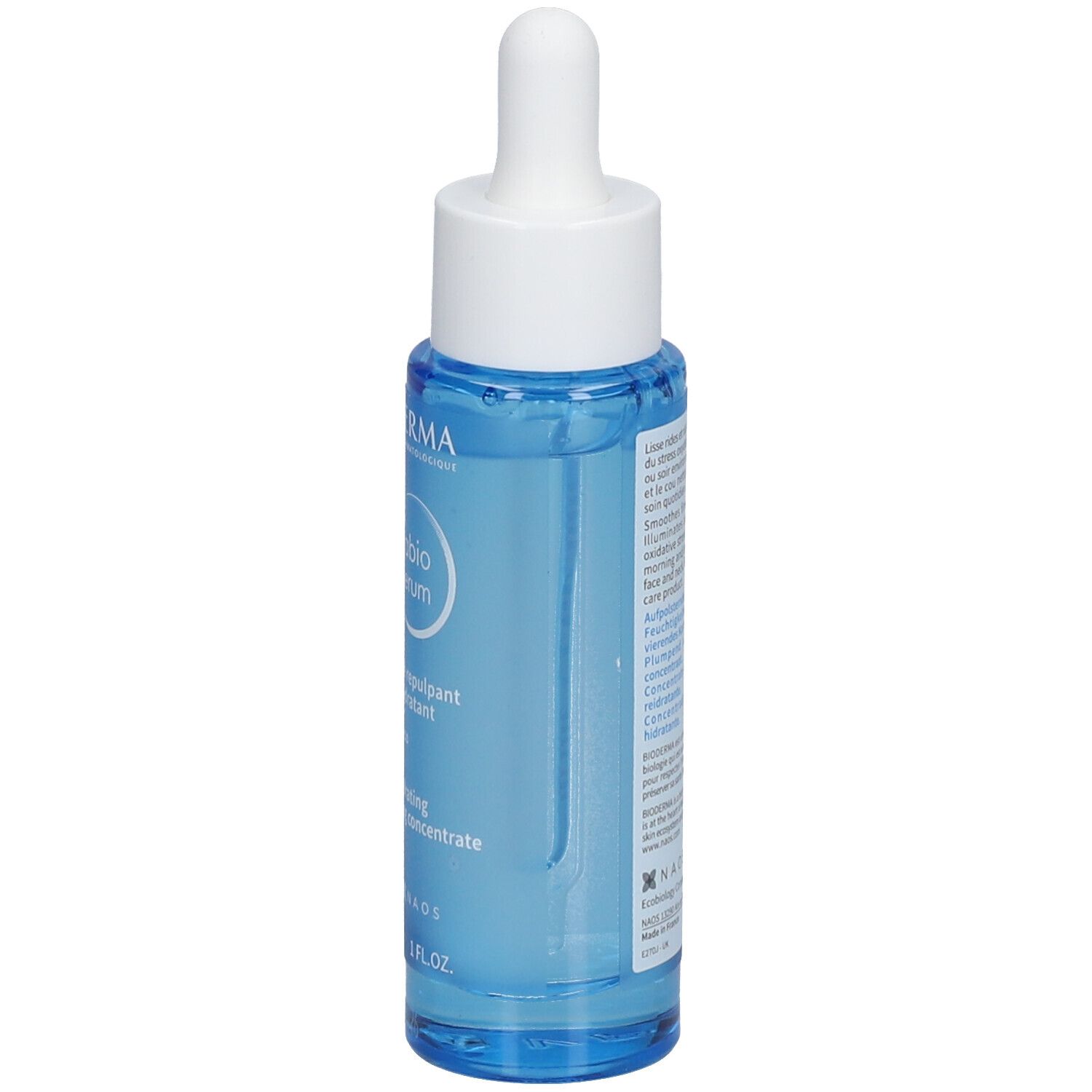 Flacon de sérum bleu, vue latérale. Texte en français. Inscription : BIODERMA, Hydrabio Hyalu+ serum.