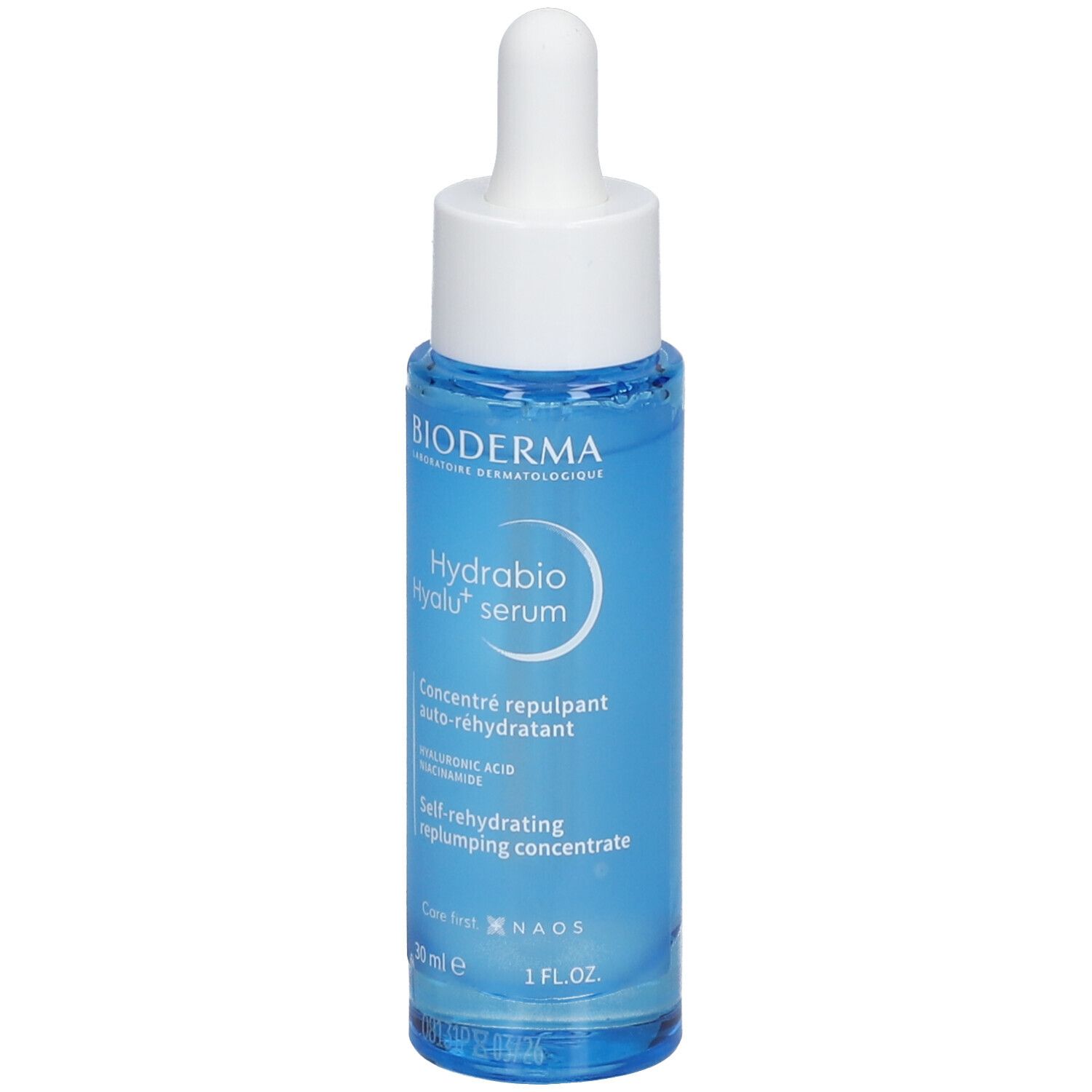 Flacon de sérum bleu avec bouchon et pipette blancs. Inscription : BIODERMA Hydrabio Hyalu+ serum.