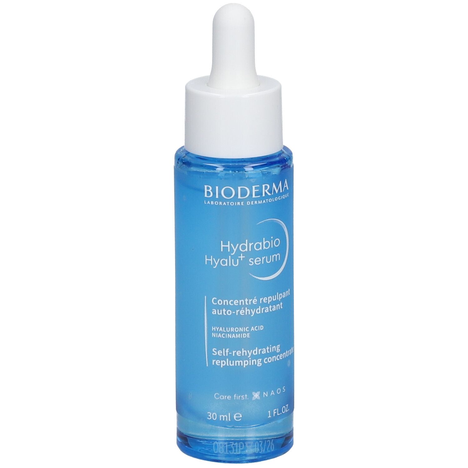 Flacon de sérum bleu avec bouchon et pipette blancs. Inscription : BIODERMA Hydrabio Hyalu+ serum.
