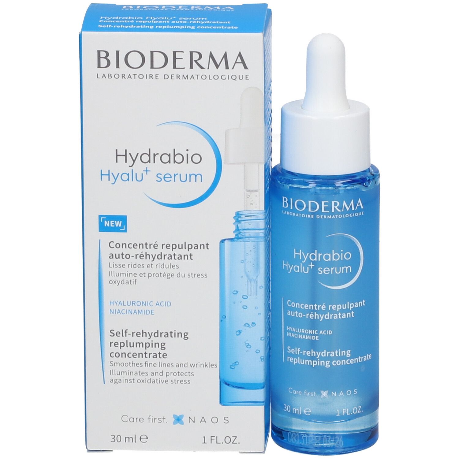 Emballage du produit et flacon de sérum. Inscription : BIODERMA Hydrabio Hyalu+ serum. Avec pipette.