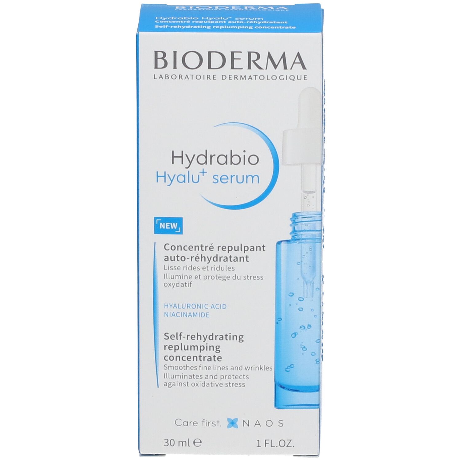 Emballage du produit. Inscription : BIODERMA Hydrabio Hyalu+ serum. Avec pipette.