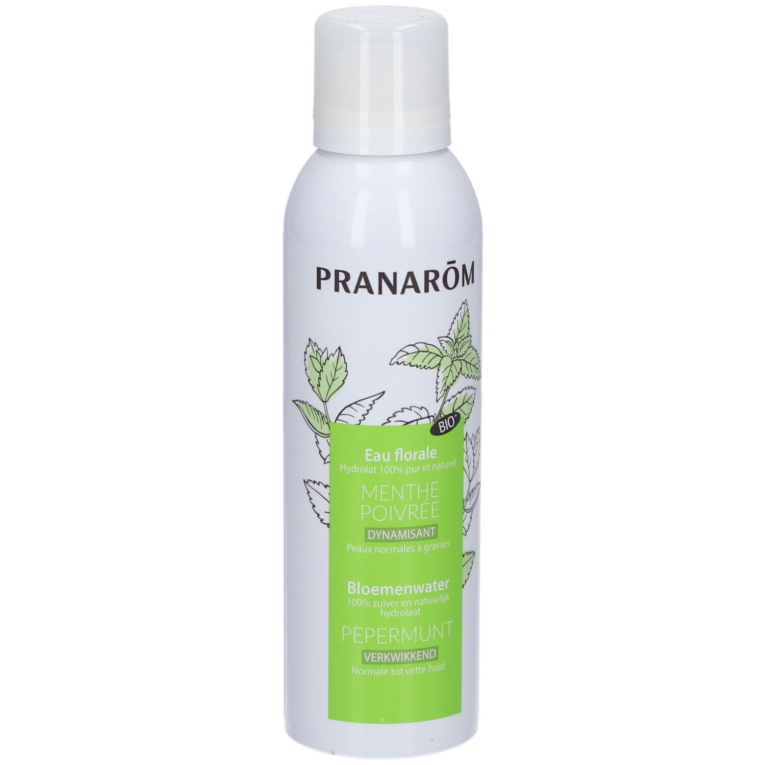 Flacon blanc avec étiquette verte. Inscription : Pranarôm, Eau florale Menthe poivrée, label Bio. Illustration de feuilles de menthe.