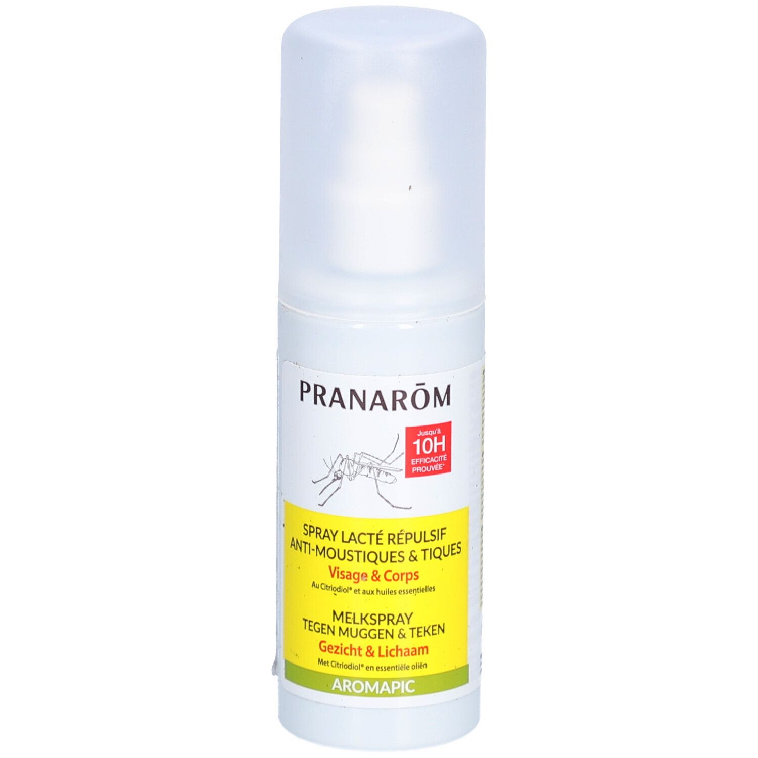 Spray blanc avec bouchon. Inscription: PRANAROM, Spray lacté répulsif anti-moustiques & tiques. Étiquettes jaunes.