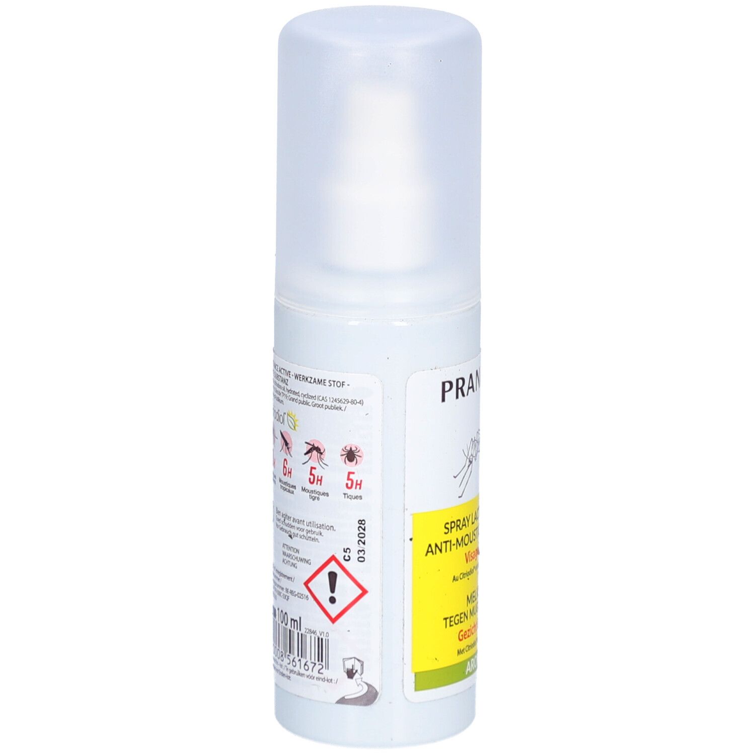 Spray blanc avec bouchon. Inscription: PRANAROM, Spray lacté répulsif anti-moustiques & tiques. Verso avec texte.