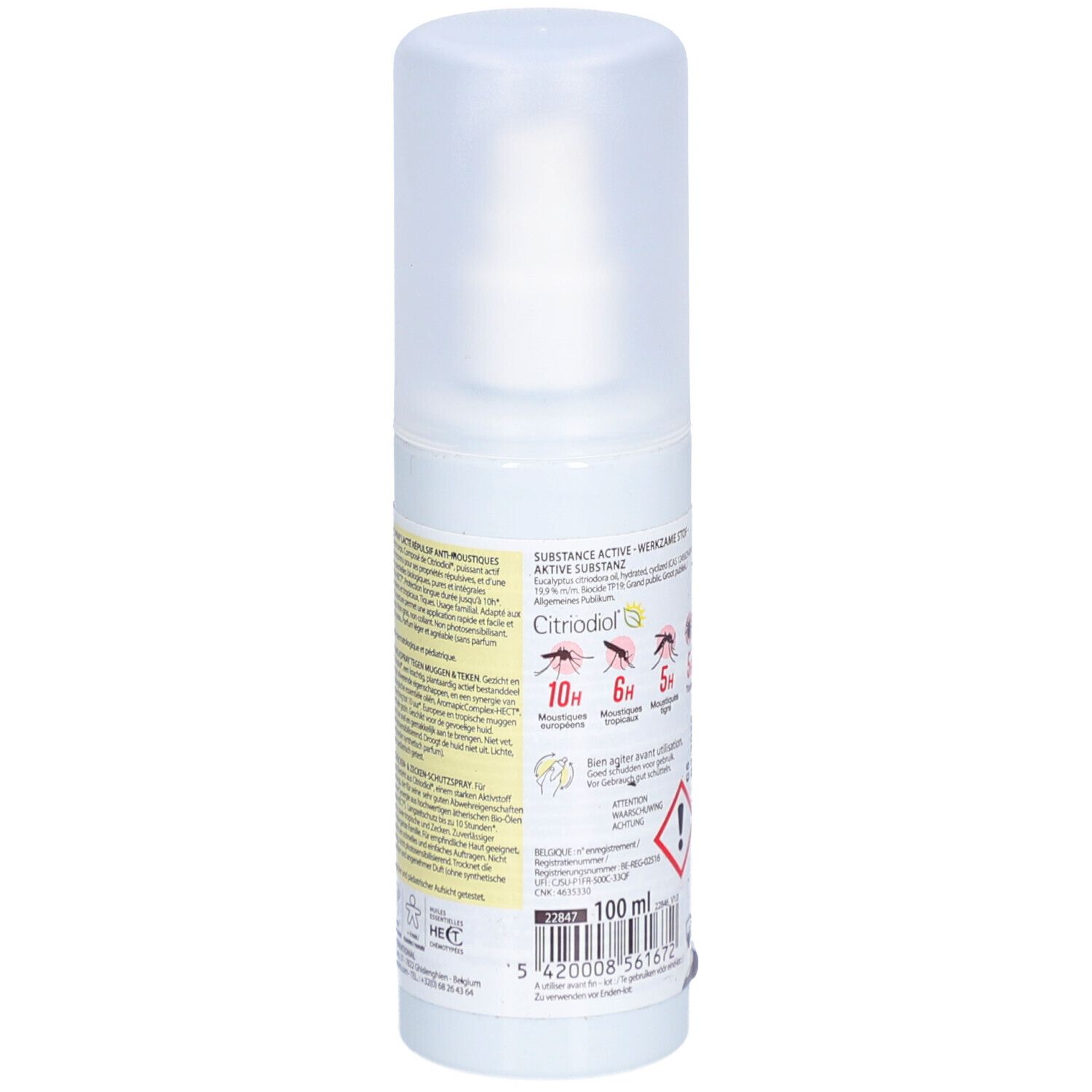 Spray blanc avec bouchon. Verso avec texte et avertissements. Inscription: Citriodiol, 100 ml.