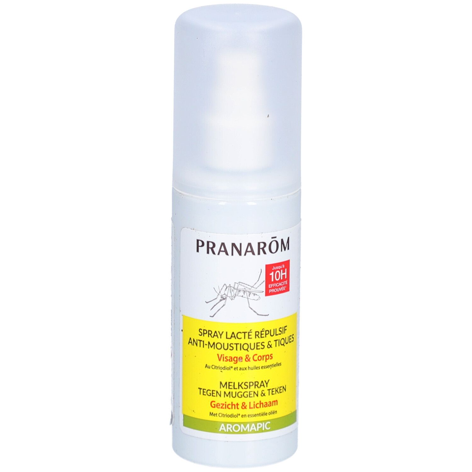 Spray blanc avec bouchon. Inscription: PRANAROM, Spray lacté répulsif anti-moustiques & tiques. Étiquettes jaunes.