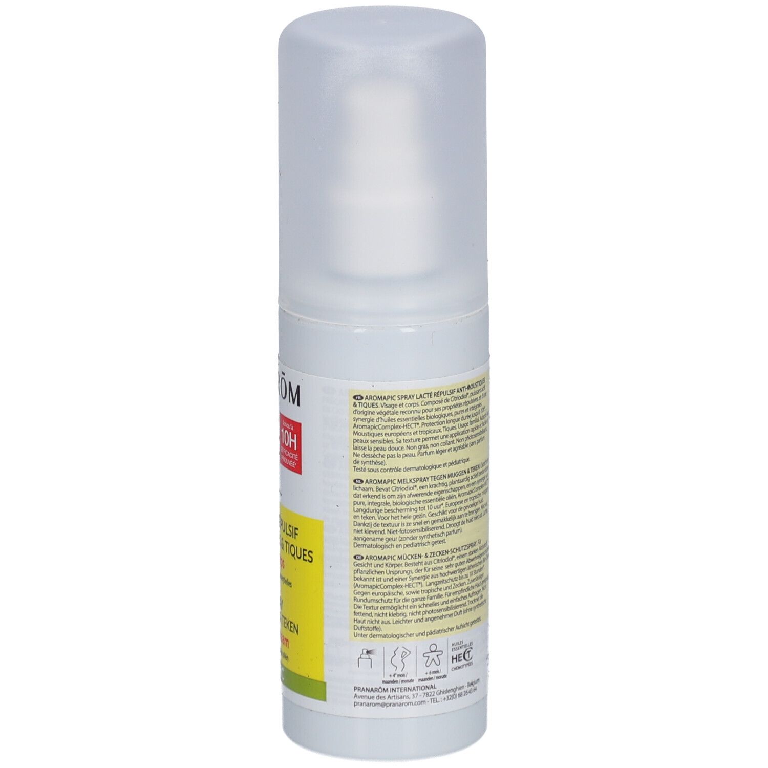 Spray blanc avec bouchon. Verso avec texte. Inscription: PRANAROM, Spray lacté répulsif anti-moustiques & tiques.