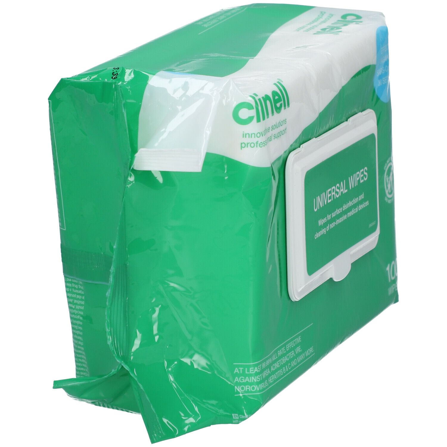 Groene verpakking, gedeeltelijk transparant. Opschrift: UNIVERSAL WIPES. Merk Clinell. Vierkante vorm.