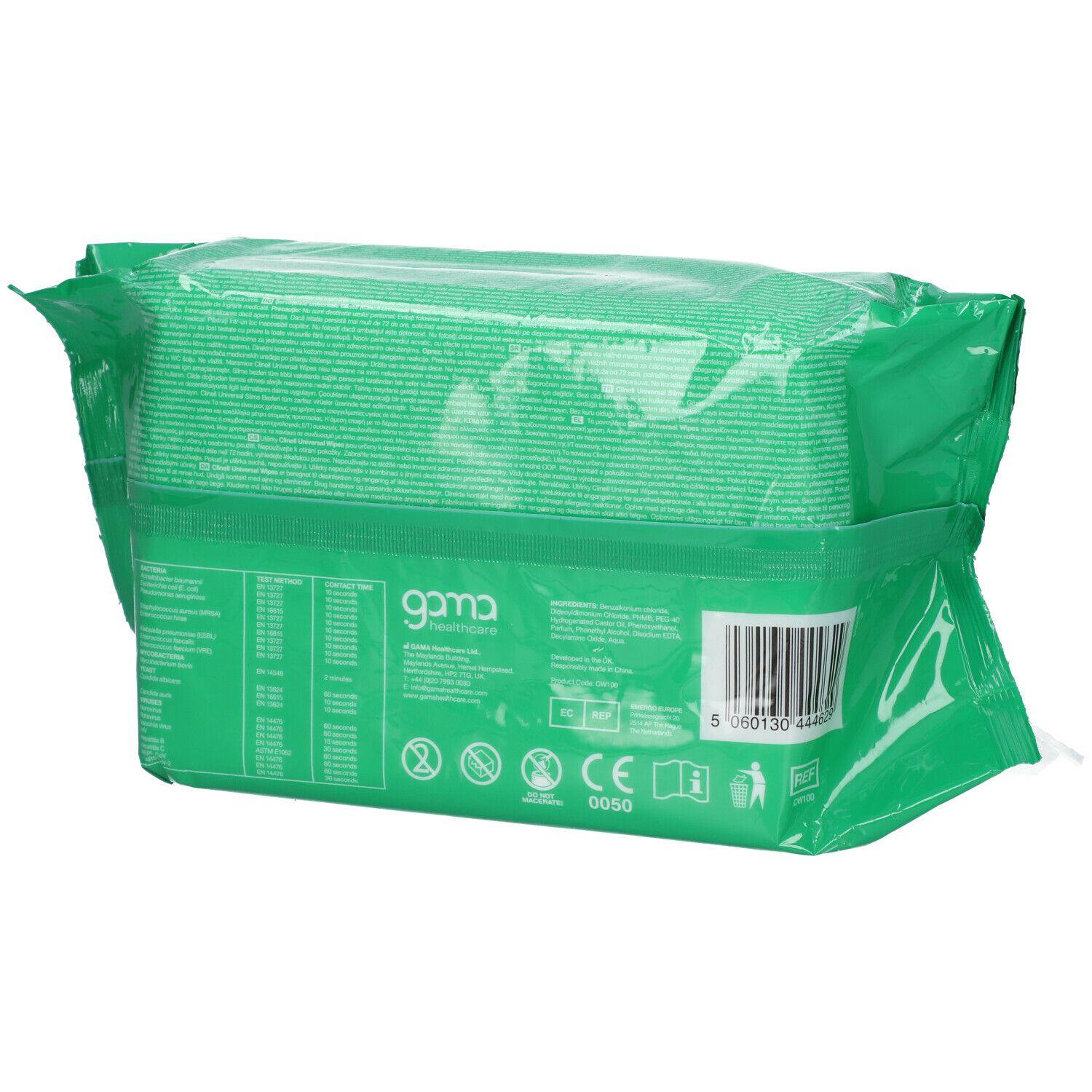 Achterkant van een groene verpakking. Streepjescode en informatie. Merk gama. CE-markering.