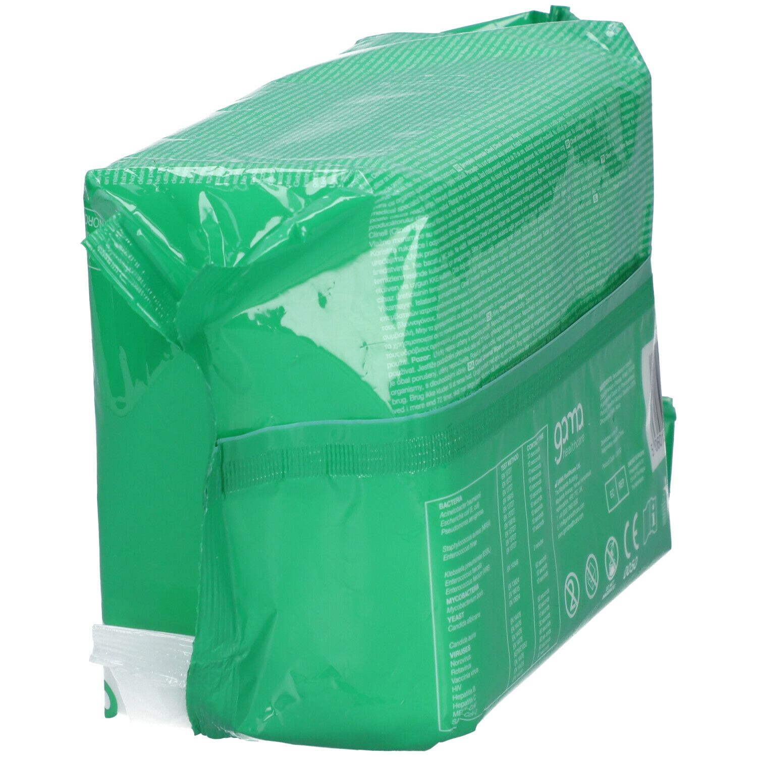Groene verpakking, gedeeltelijk transparant. Merk gama. Vierkante vorm. Informatie en CE-markering.