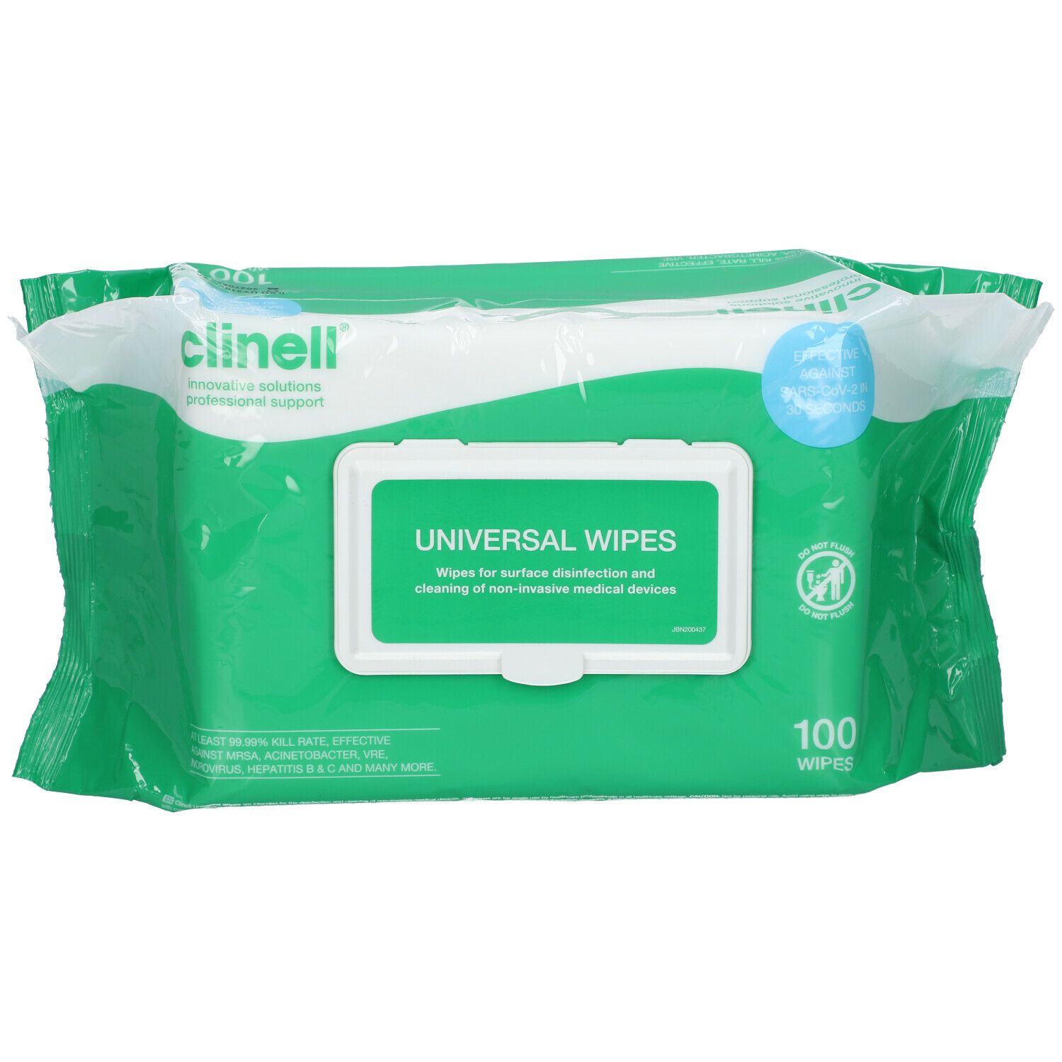 Groene verpakking met wit vlak. Opschrift: UNIVERSAL WIPES. 100 doekjes. Merk Clinell.