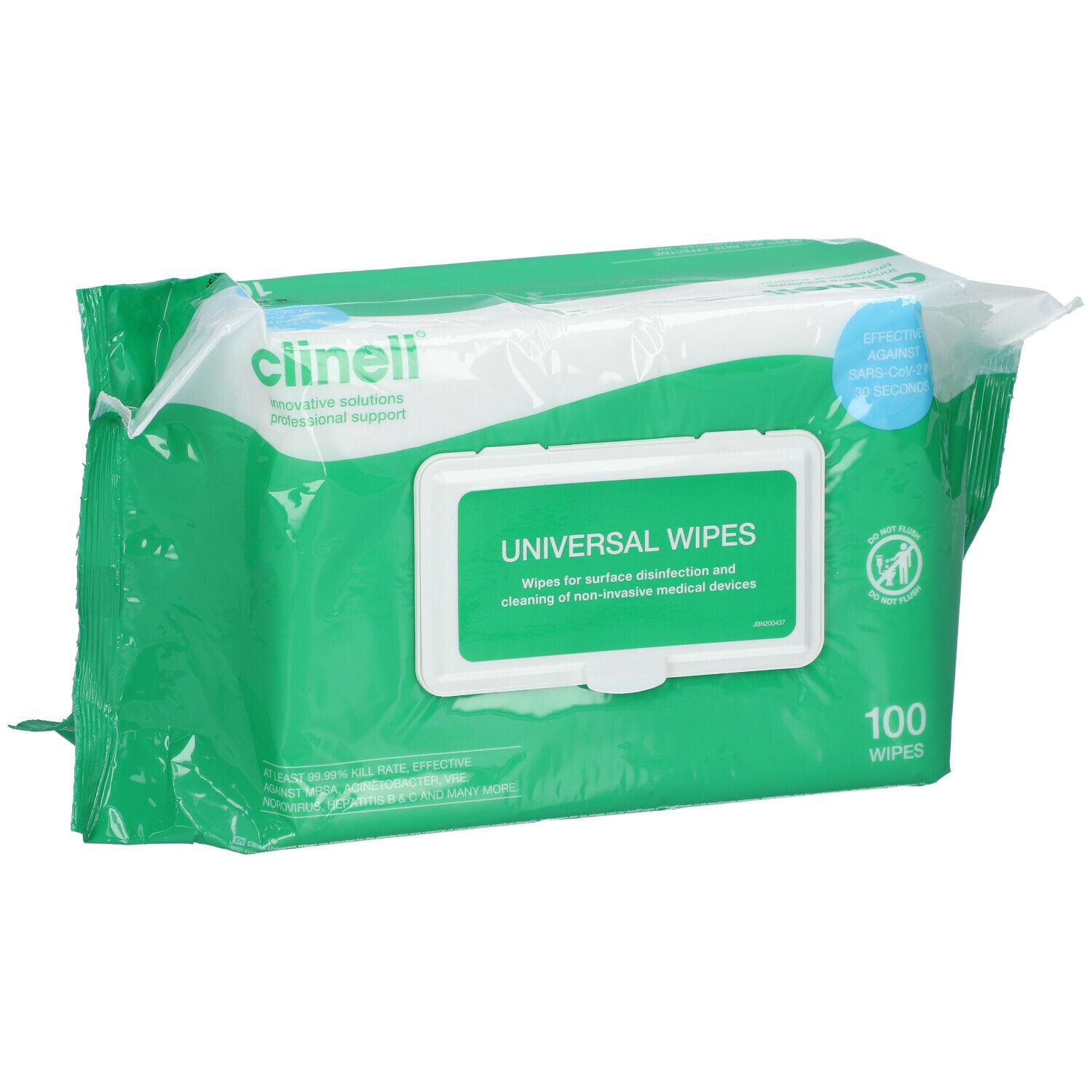 Groene verpakking met wit vlak. Opschrift: UNIVERSAL WIPES. 100 doekjes. Merk Clinell.