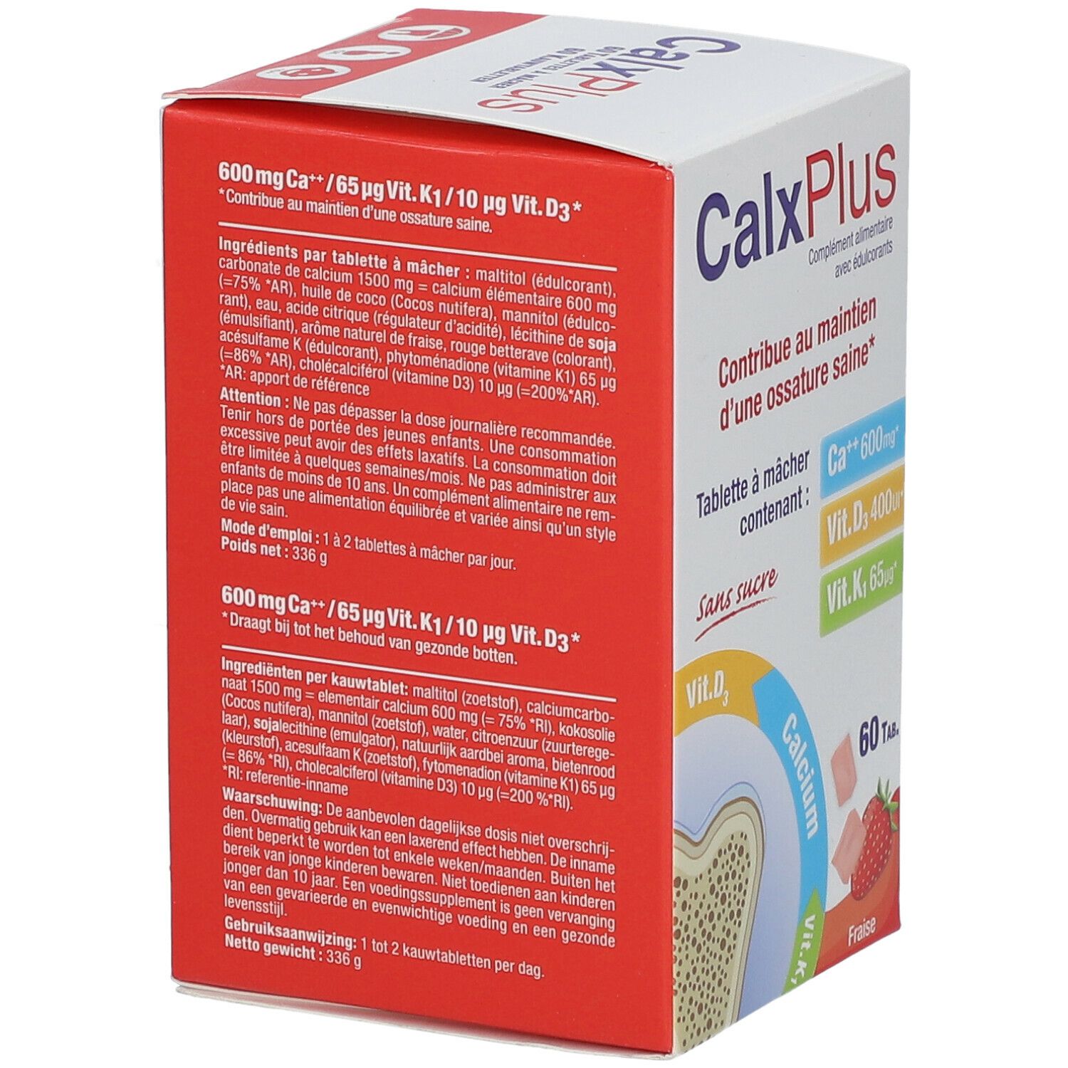 Dos de la boîte CalxPlus. Contient des informations sur les ingrédients et la valeur nutritionnelle. Saveur fraise.