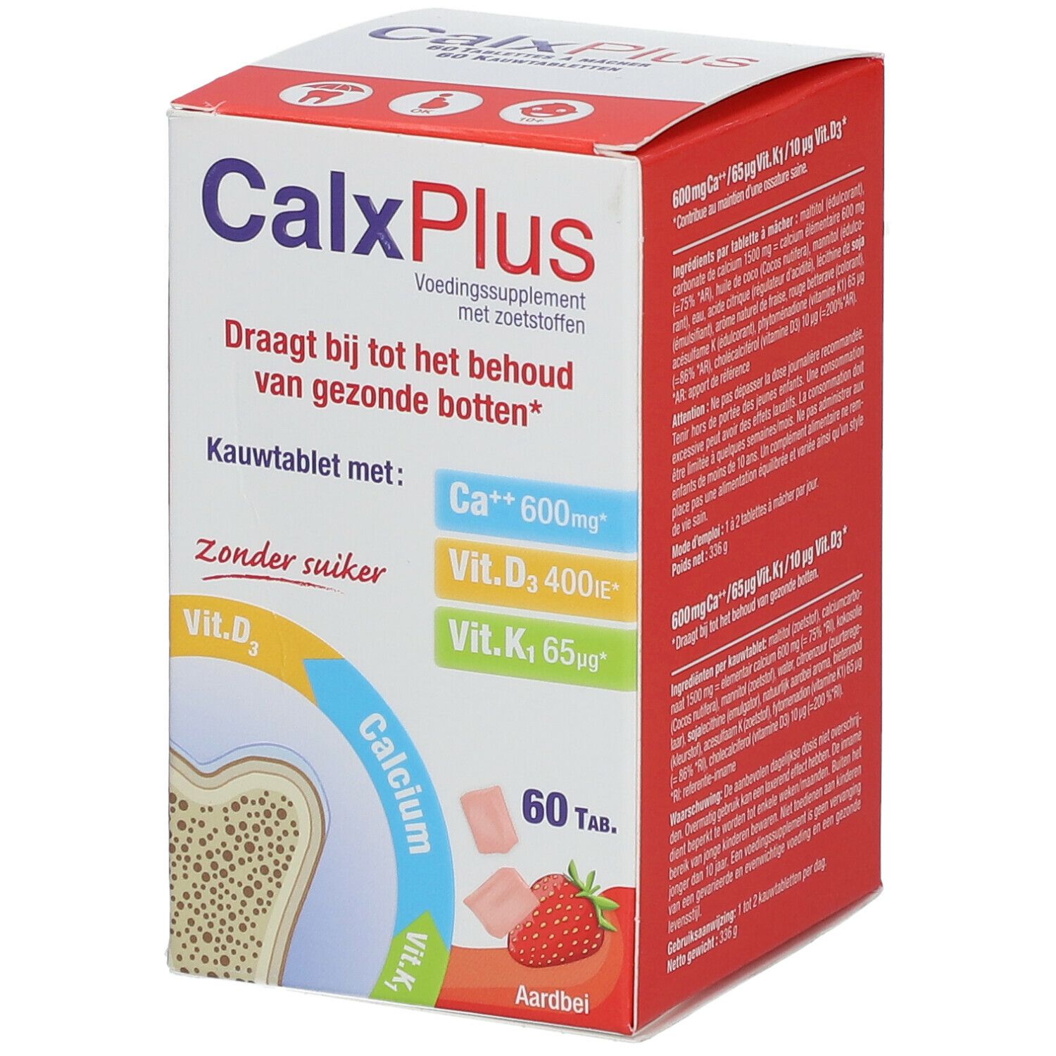 Boîte CalxPlus. Contient 60 comprimés à croquer. Avec calcium, vitamine D3 et K1. Sans sucre. Saveur fraise.