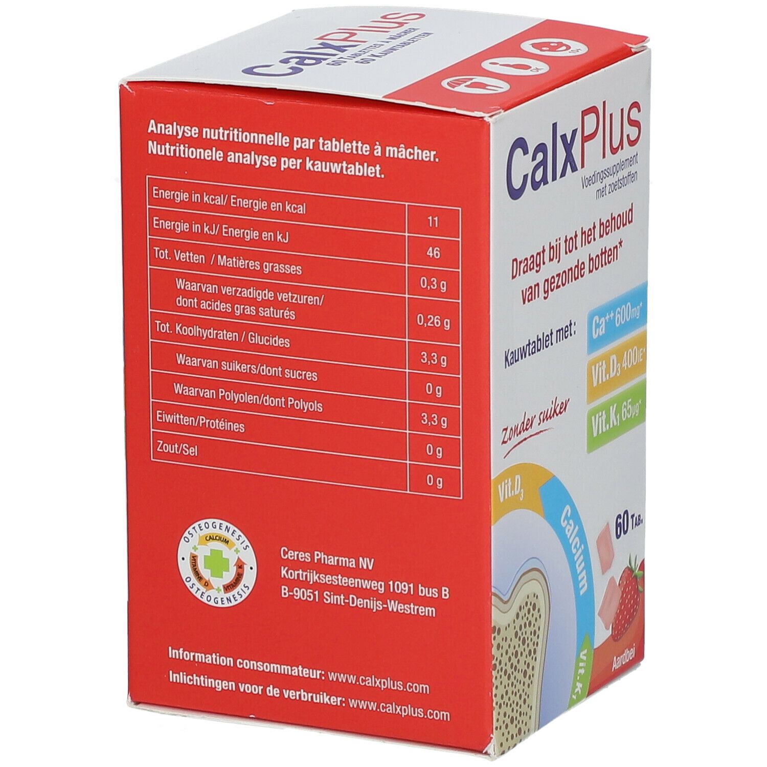 Dos de la boîte CalxPlus. Contient des informations nutritionnelles et des coordonnées. Saveur fraise.