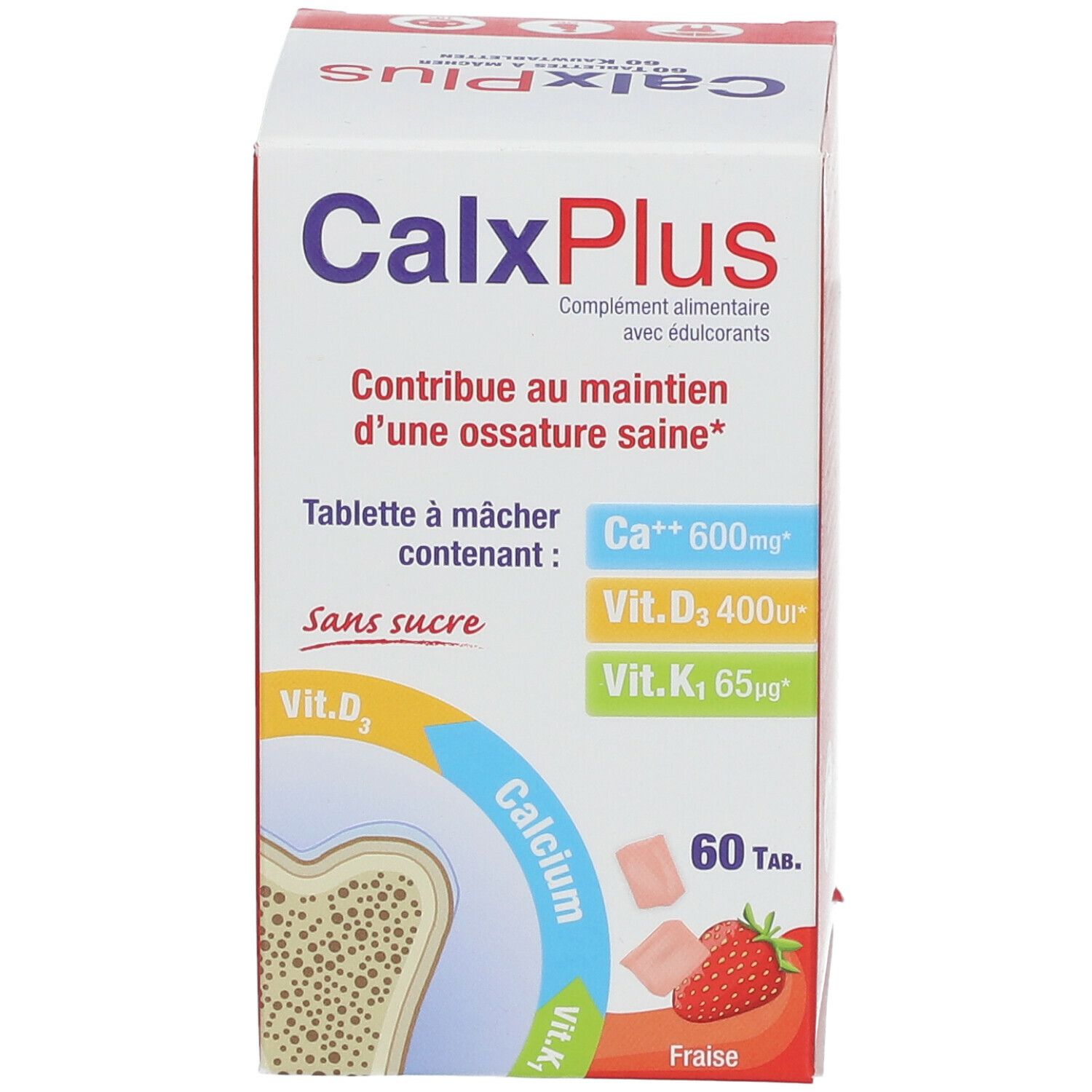 Boîte CalxPlus. Contient 60 comprimés à croquer. Avec calcium, vitamine D3 et K1. Sans sucre. Saveur fraise.