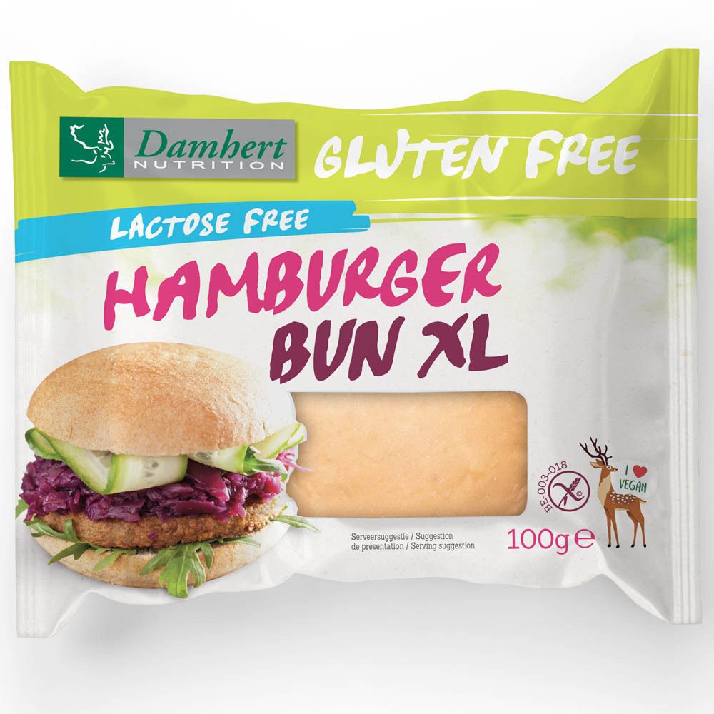 Emballage de Hamburger Bun XL. Sans gluten et sans lactose. Un burger garni et un pain sont visibles. 100g.