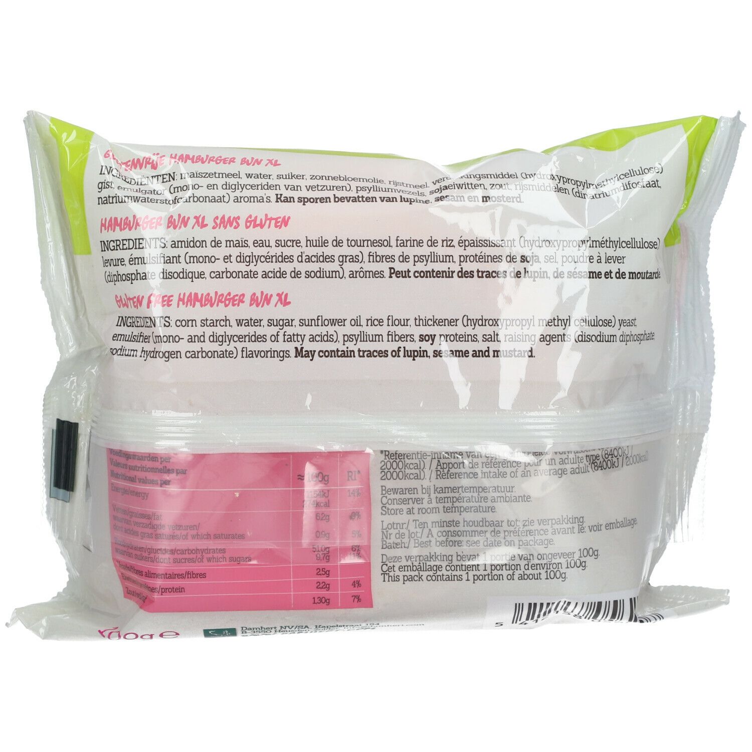 Dos de l'emballage de Hamburger Bun XL. Liste des ingrédients en plusieurs langues. Informations nutritionnelles et poids: 100g.