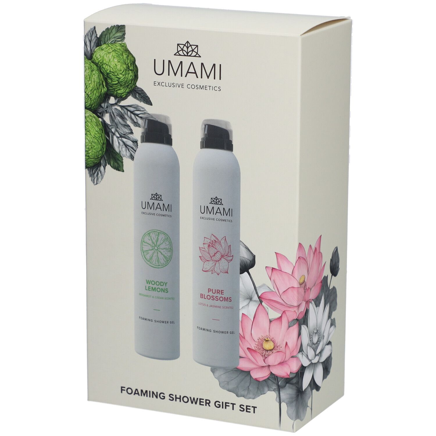 Coffret cadeau avec deux gels douche. Emballage avec illustrations florales et noms de produits. Marque : UMAMI.