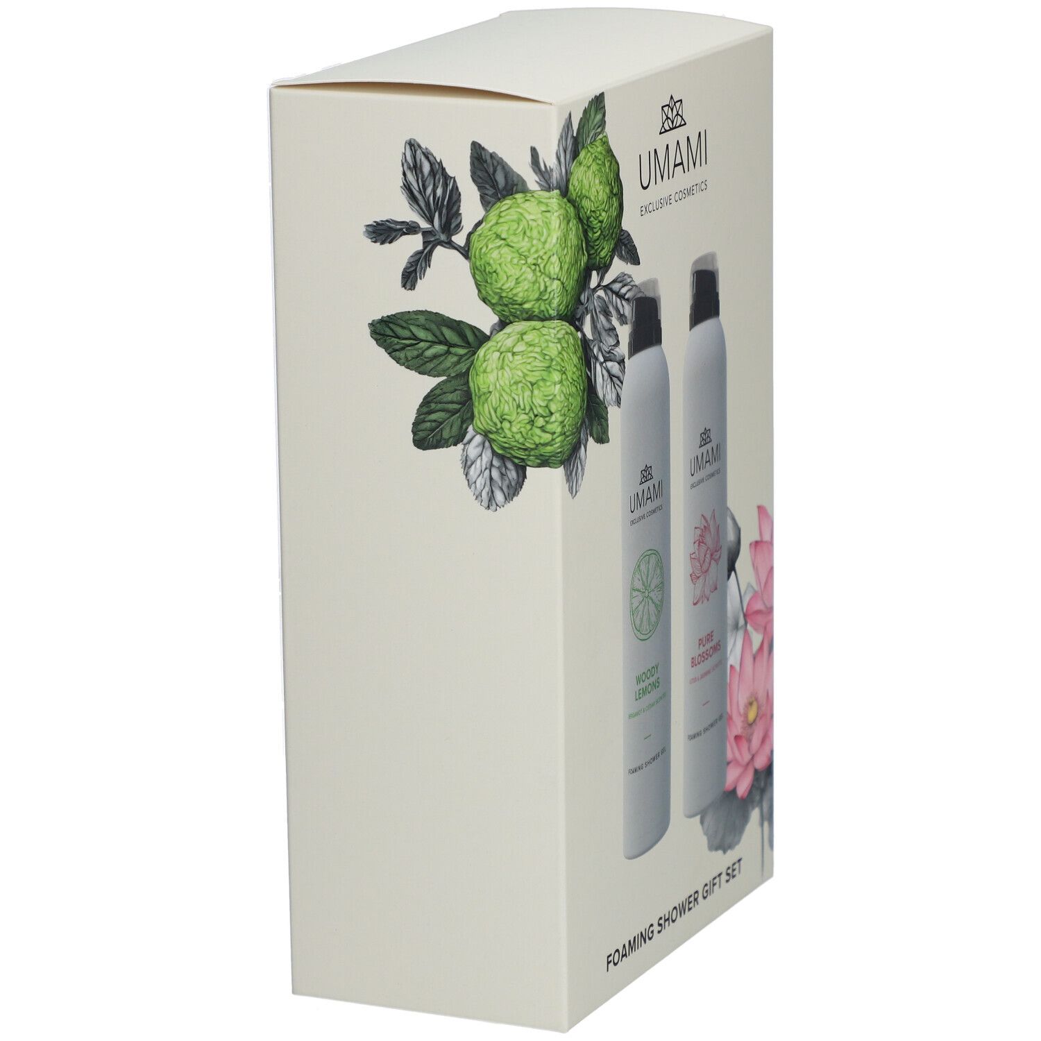 Emballage de coffret cadeau avec deux gels douche. Vue latérale avec illustrations florales. Marque : UMAMI.