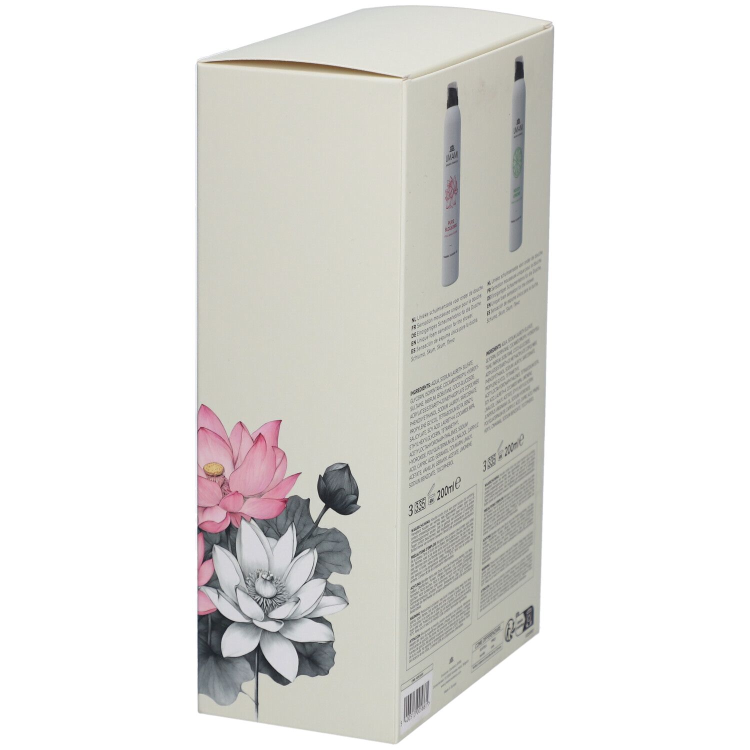 Emballage de coffret cadeau avec illustrations florales. Dos avec informations sur le produit et ingrédients.