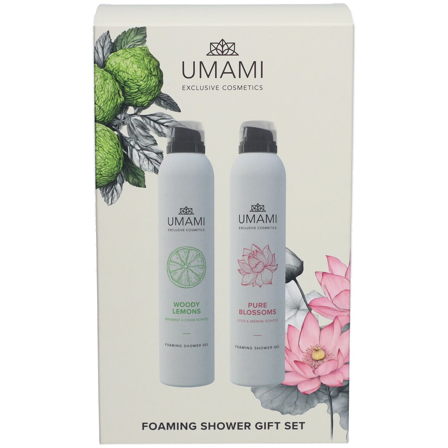 Coffret cadeau avec deux gels douche. Emballage avec illustrations florales et noms de produits. Marque : UMAMI.