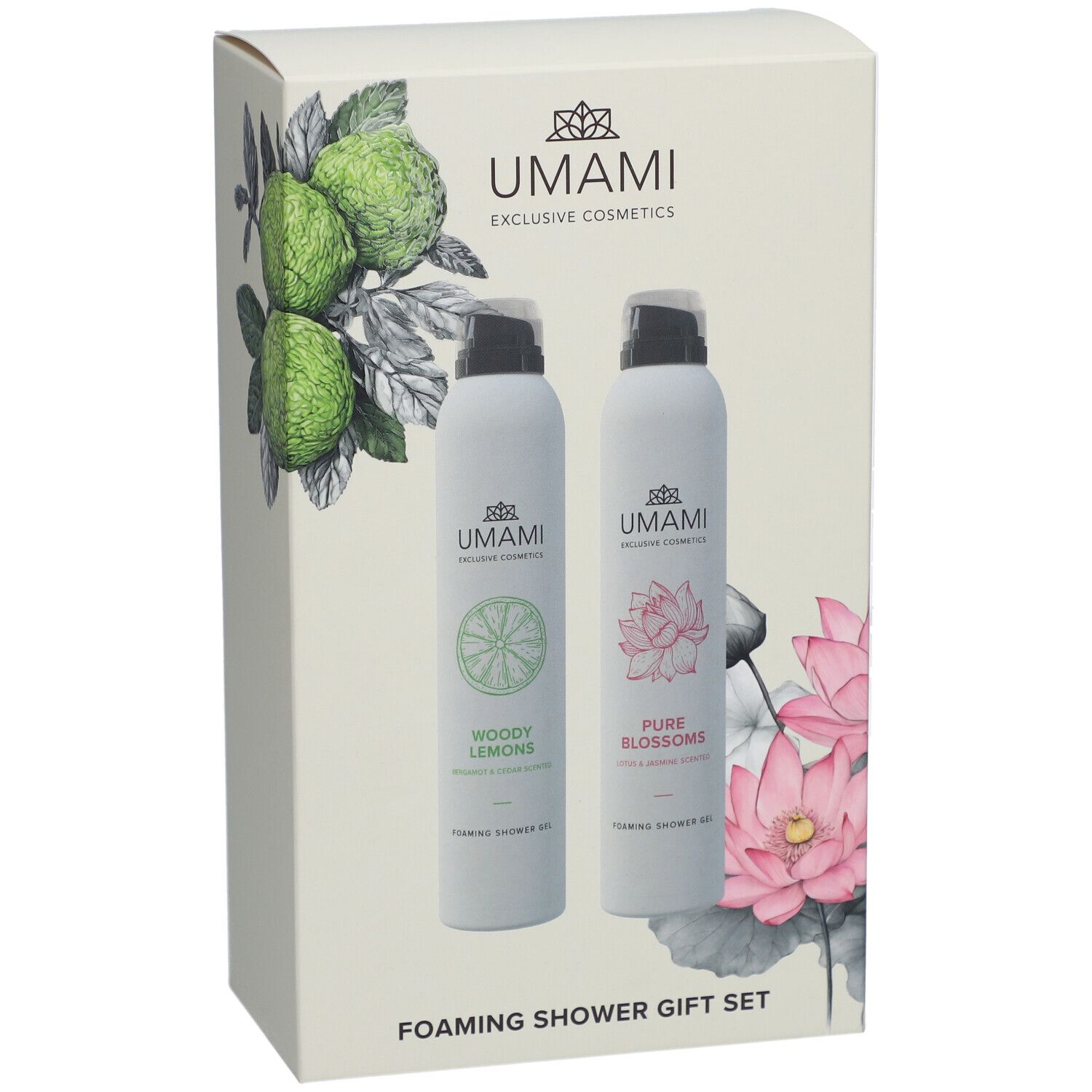 Coffret cadeau avec deux gels douche. Emballage avec illustrations florales et noms de produits. Marque : UMAMI.