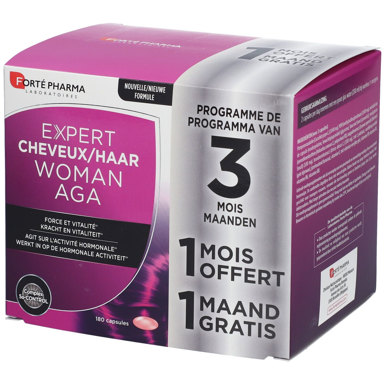Verpakking voedingssupplement Expert Cheveux Woman AGA. 180 capsules. 1 maand gratis. Nieuwe formule.