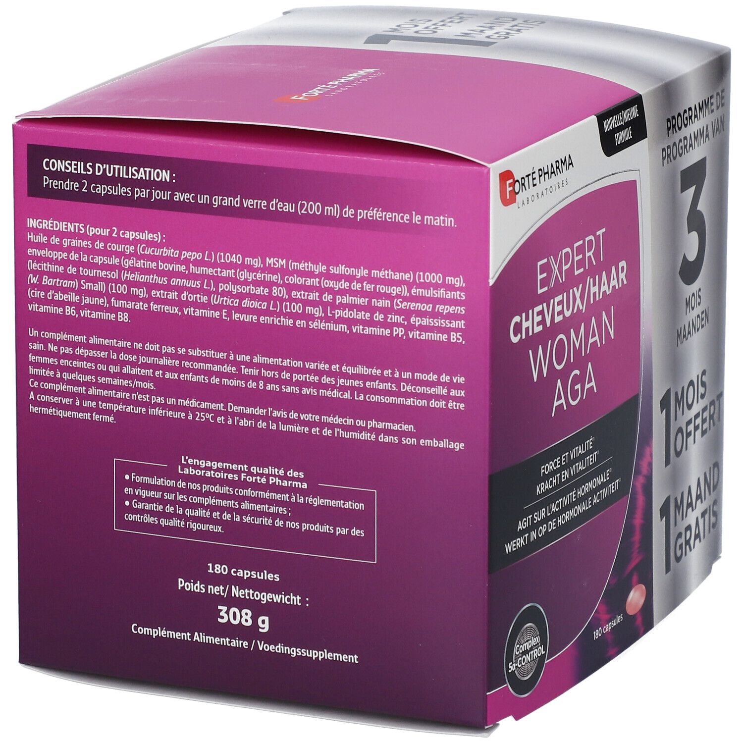 Achterkant verpakking Expert Cheveux Woman AGA. Ingrediënten, gebruiksaanwijzing en voedingswaarde.