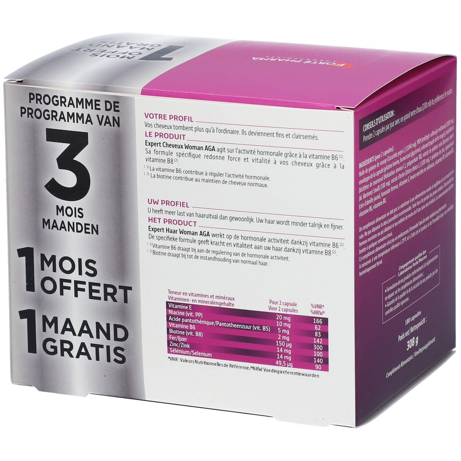 Zijkant verpakking Expert Cheveux Woman AGA. Informatie over werking en voedingstabel.
