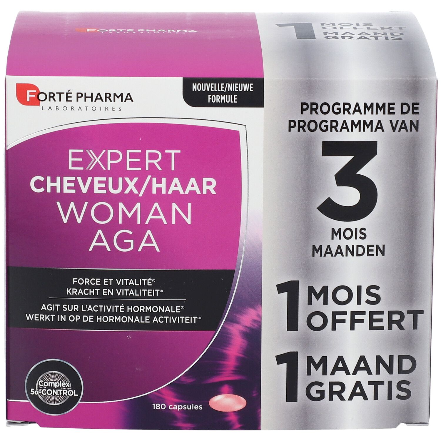 Verpakking Expert Cheveux Woman AGA. 180 capsules. 1 maand gratis. Nieuwe formule.