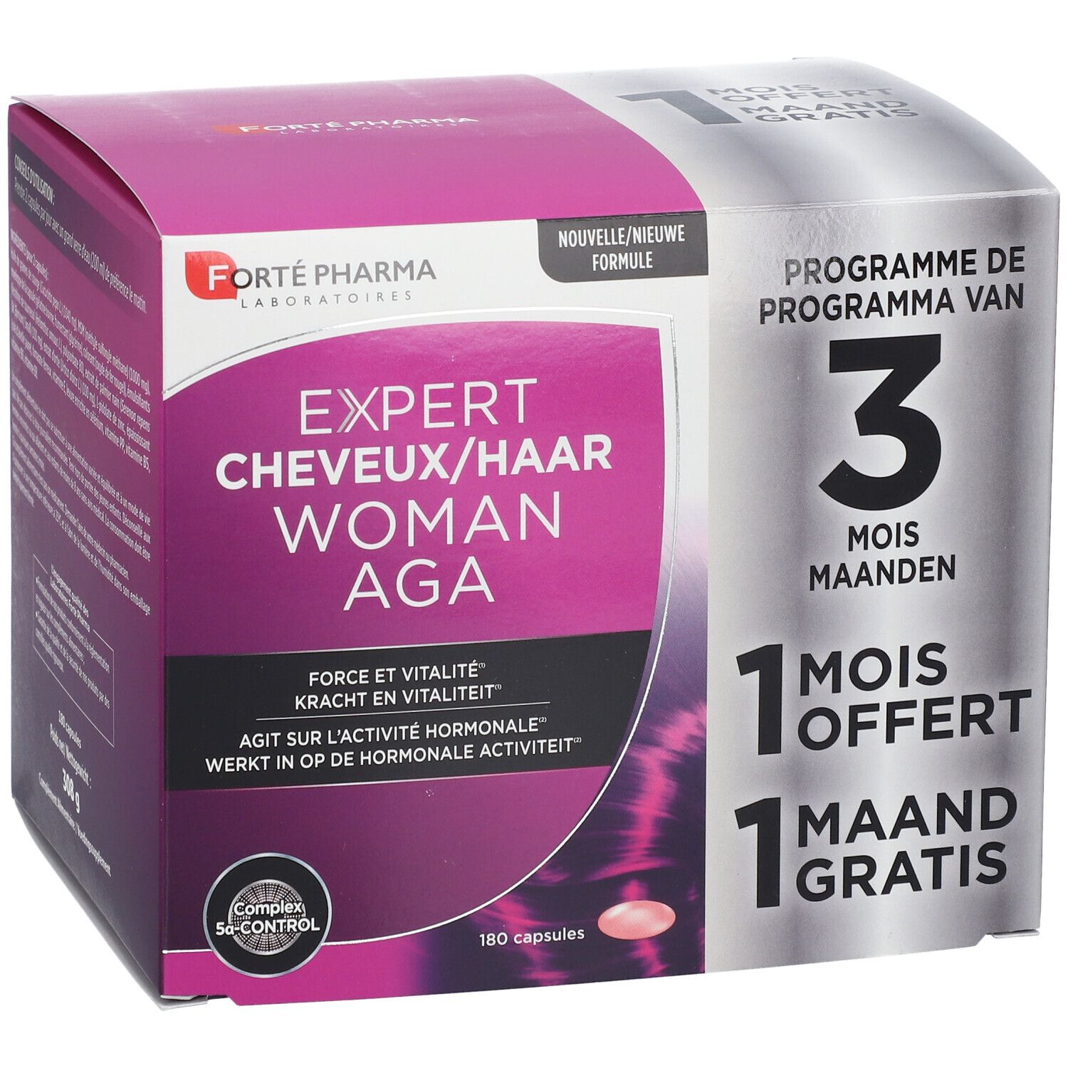 Verpakking Expert Cheveux Woman AGA. 180 capsules. 1 maand gratis. Nieuwe formule.