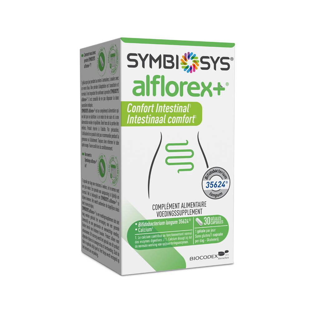 Boîte SYMBIOSYS Alflorex+. 30 gélules. Design vert et blanc.
